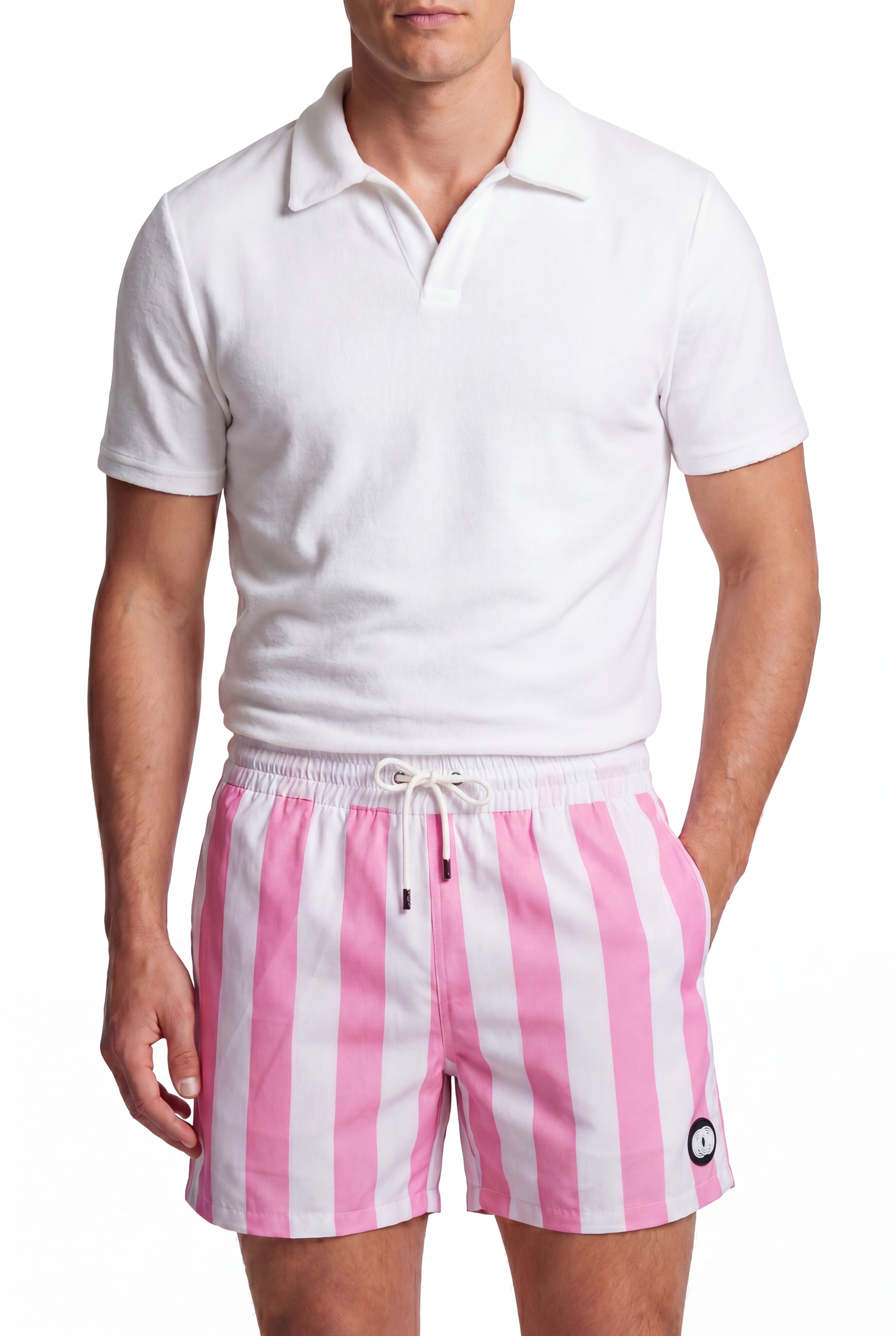 Swimming shorts-Stripe-Pink × Towel Hoodie-Baby-Blue — Combo Look