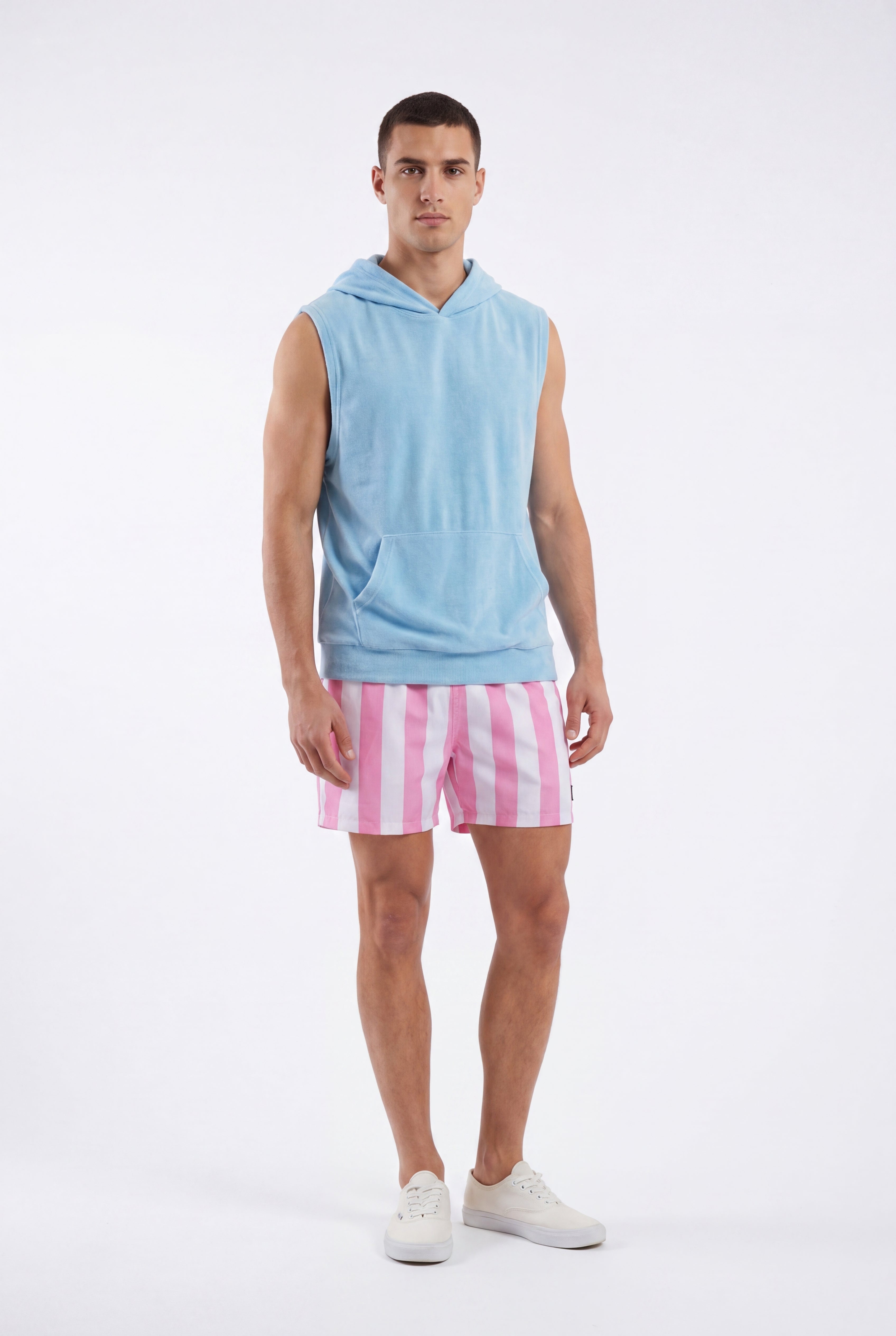 Swimming shorts-Stripe-Pink × Towel Hoodie-Baby-Blue — Combo Look