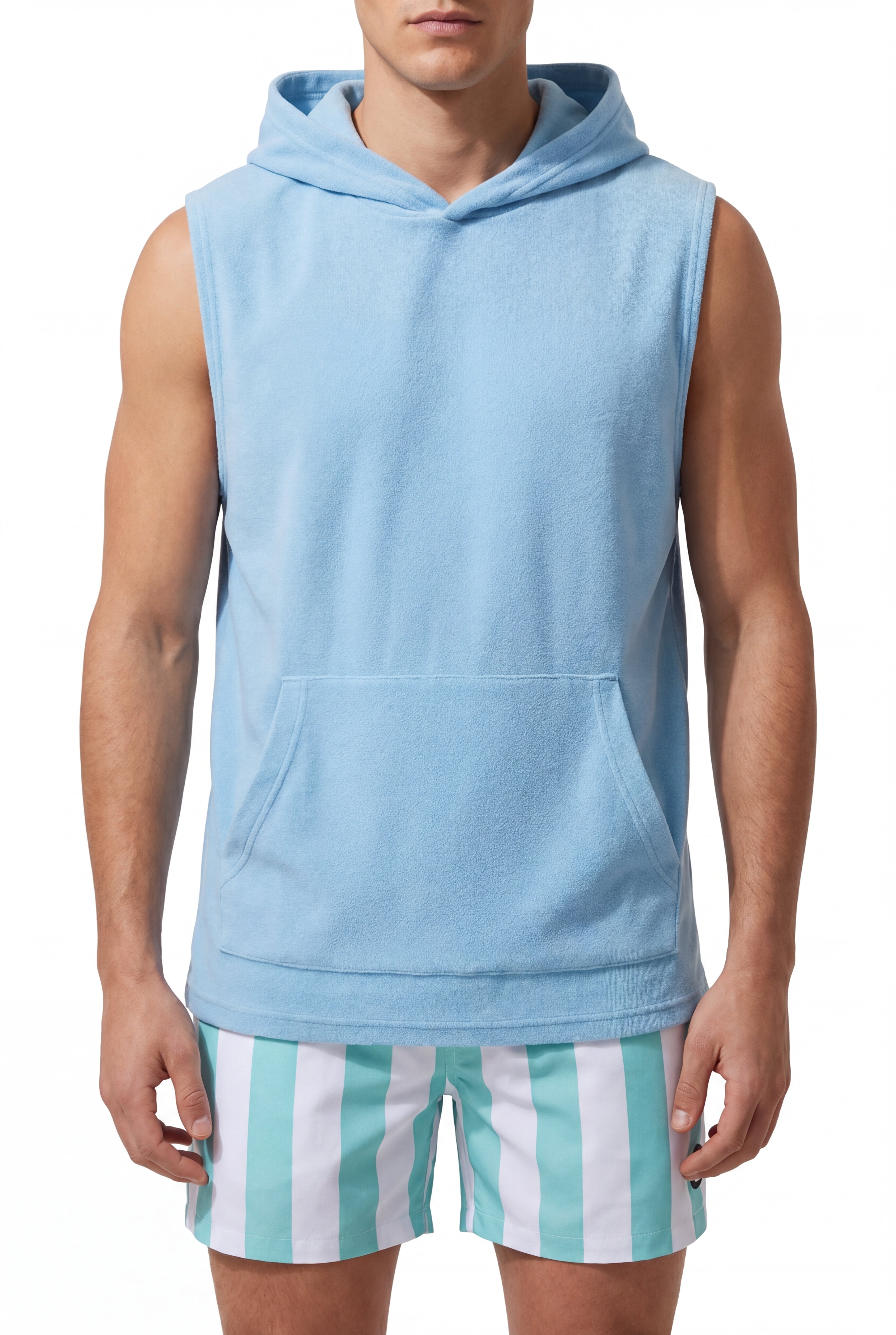 Swimming shorts-Stripe-Mint-Green × Towel Hoodie-Baby-Blue — Combo Look