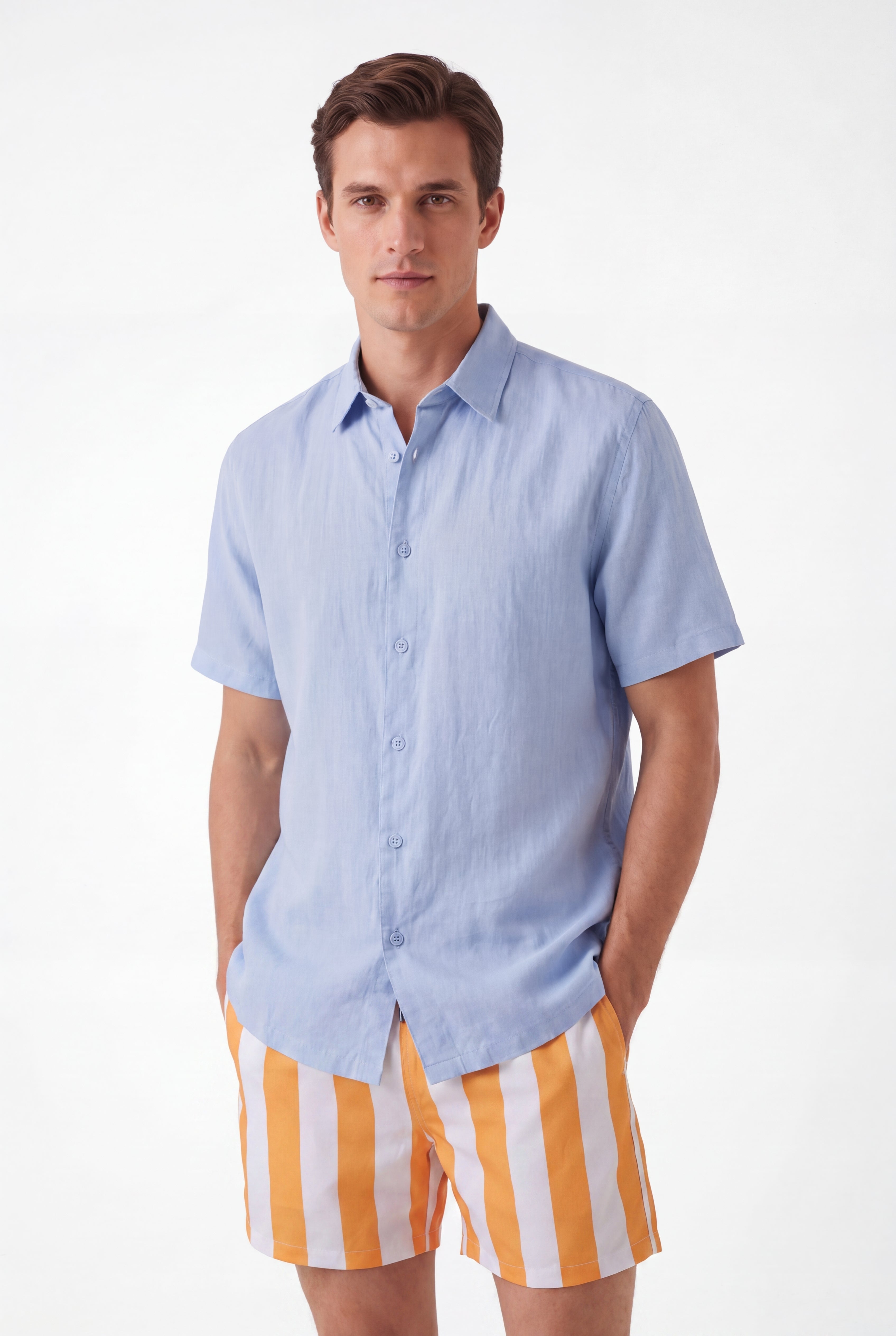 Swimming shorts-Stripe-Orange × Linen Short Sleeves-Ocean-Blue — Combo Look