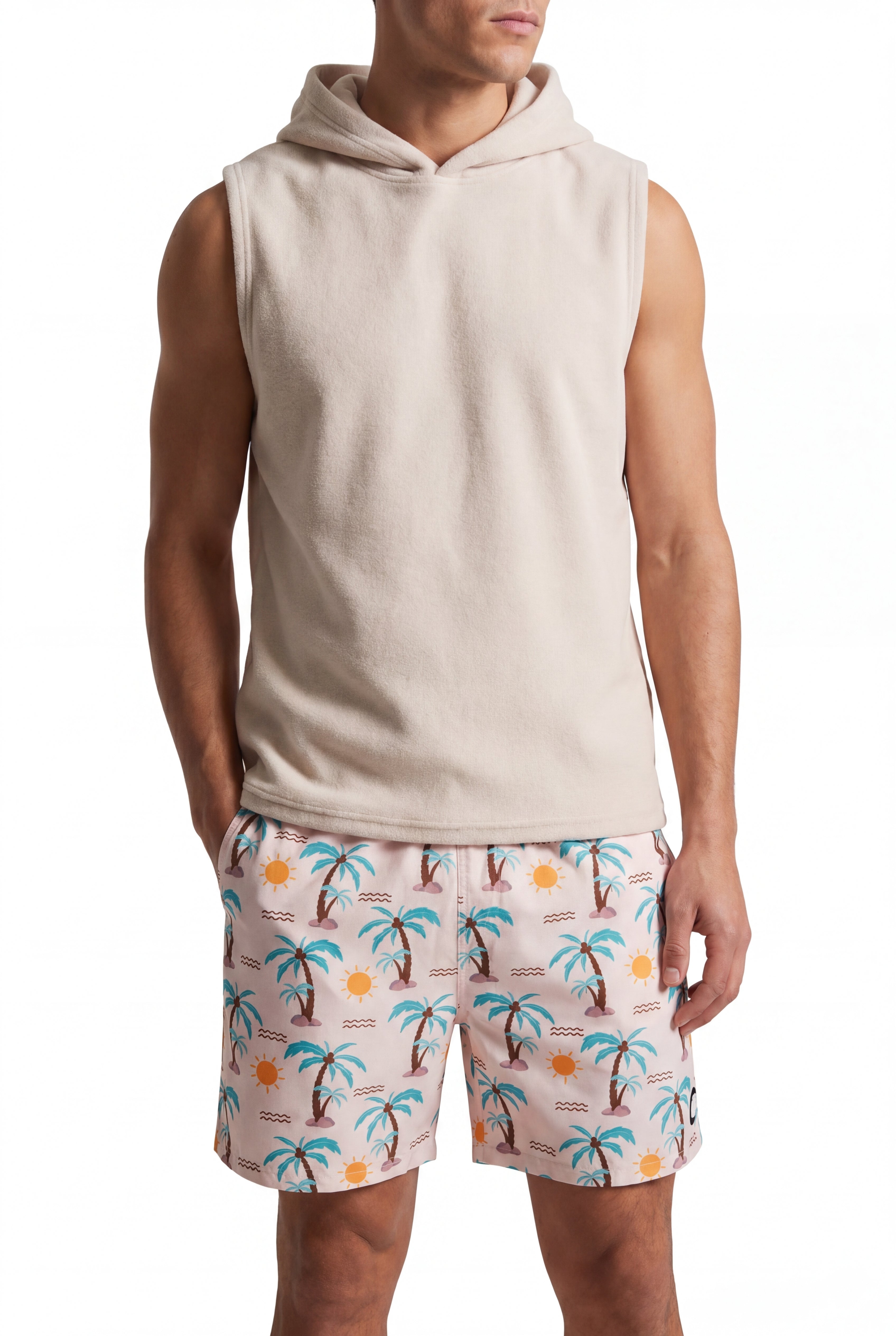 Swimming shorts-Summer-Palms × Towel Hoodie-Beige — Combo Look