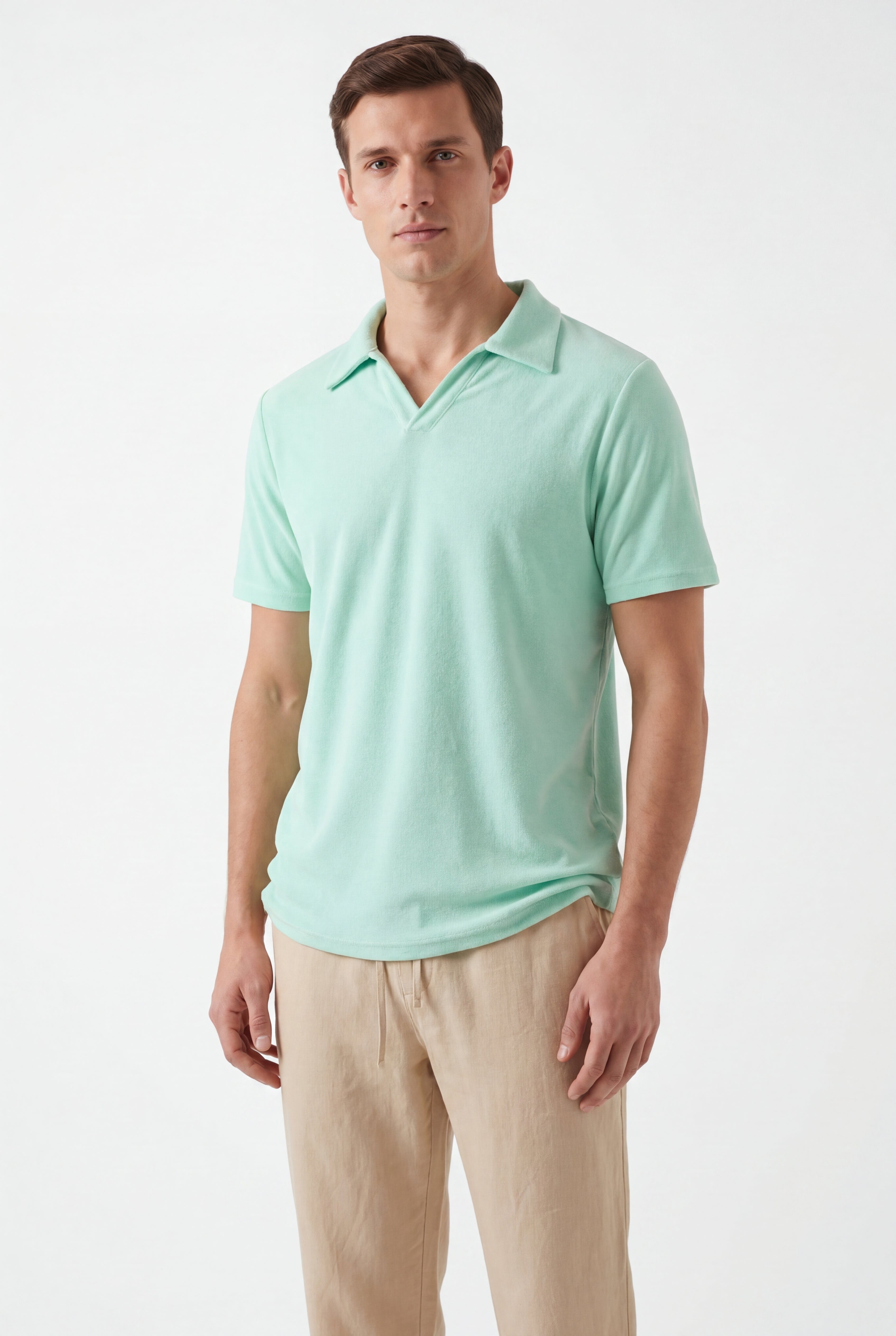 Towel Polo-Mint-Green × Linen Pants-Beige — Combo Look