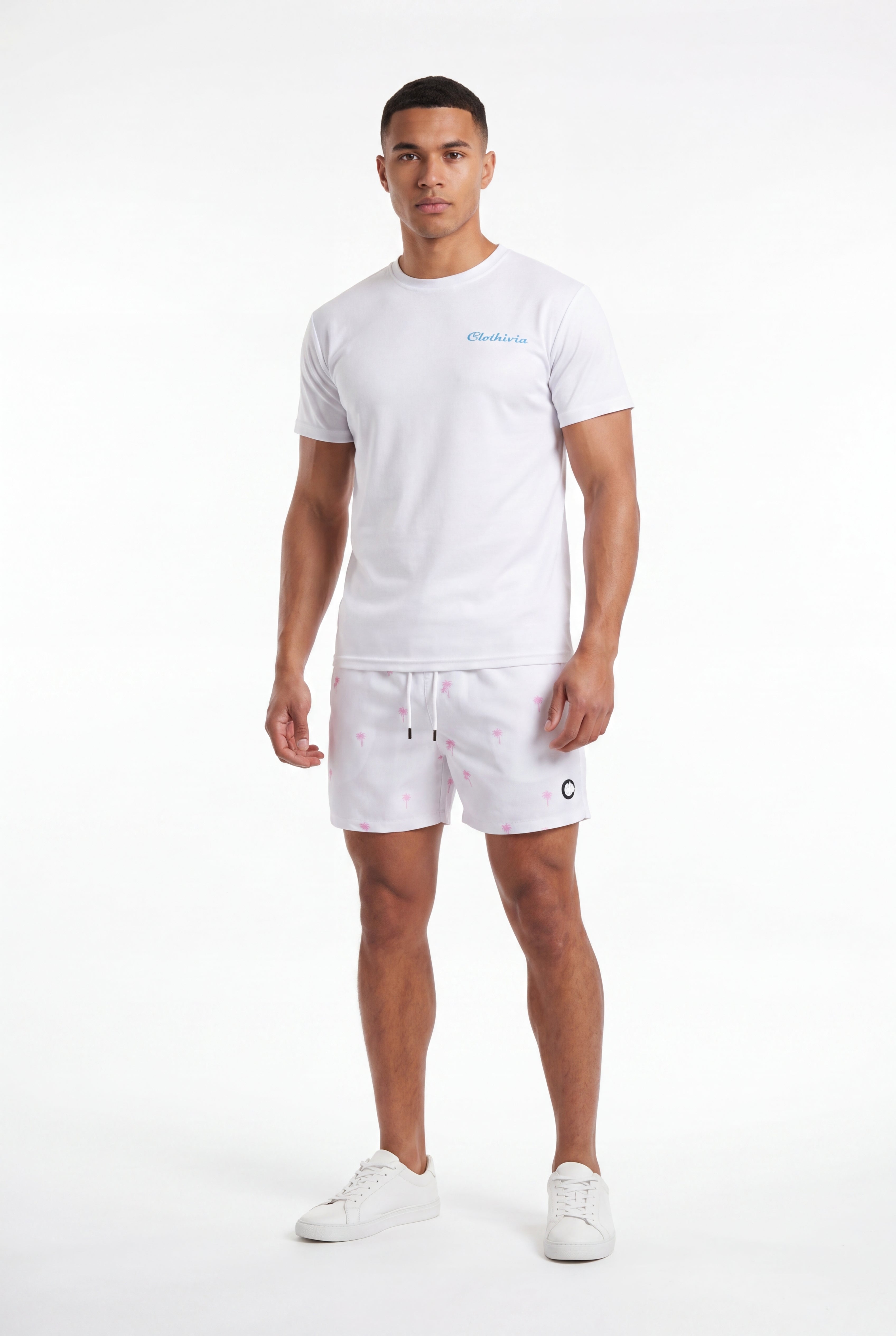 Swimming shorts-Plams-White × Towel Hoodie-Baby-Blue — Combo Look