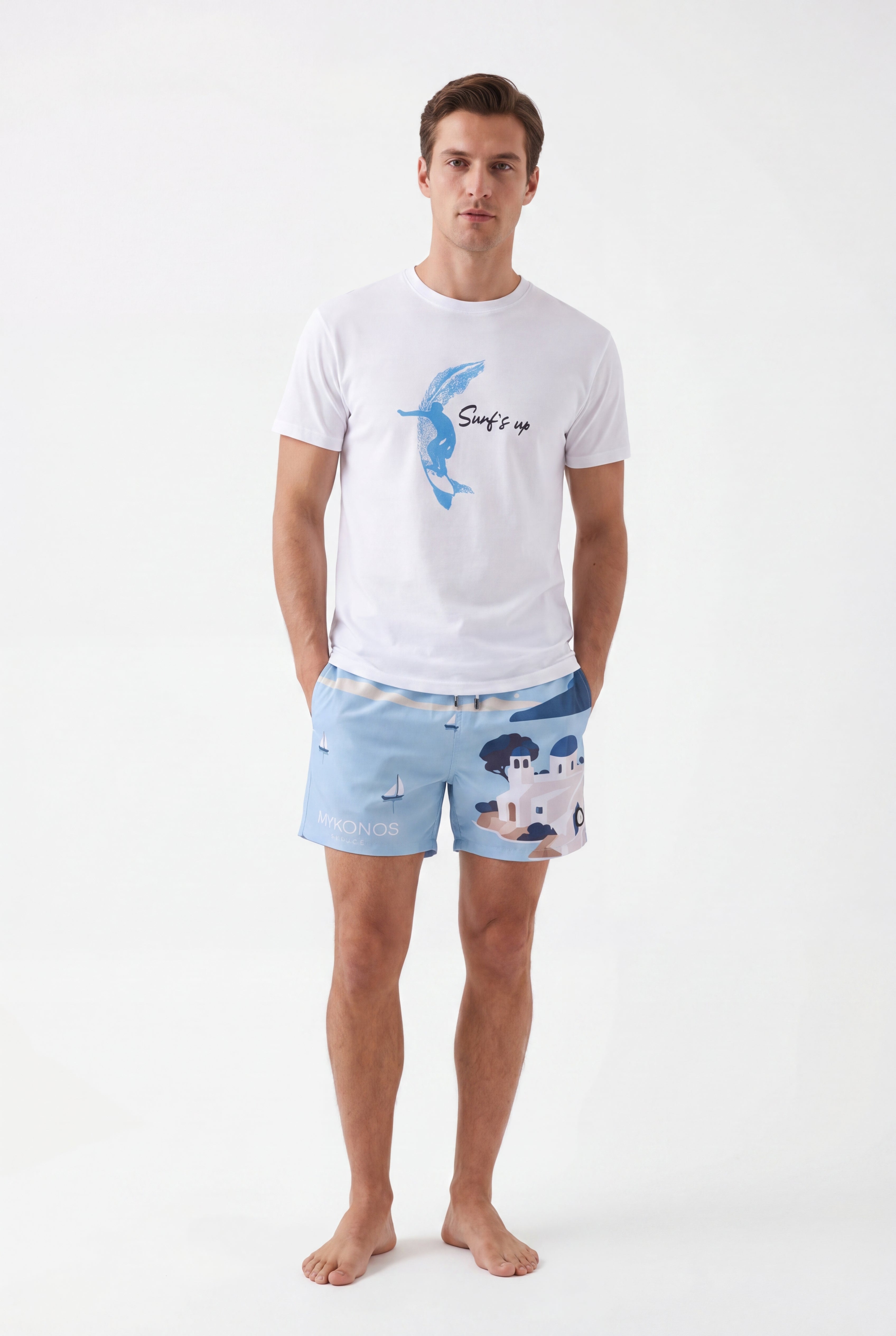 Swimming shorts-Mykonos × T-shirt-Wave-Rider — Combo Look