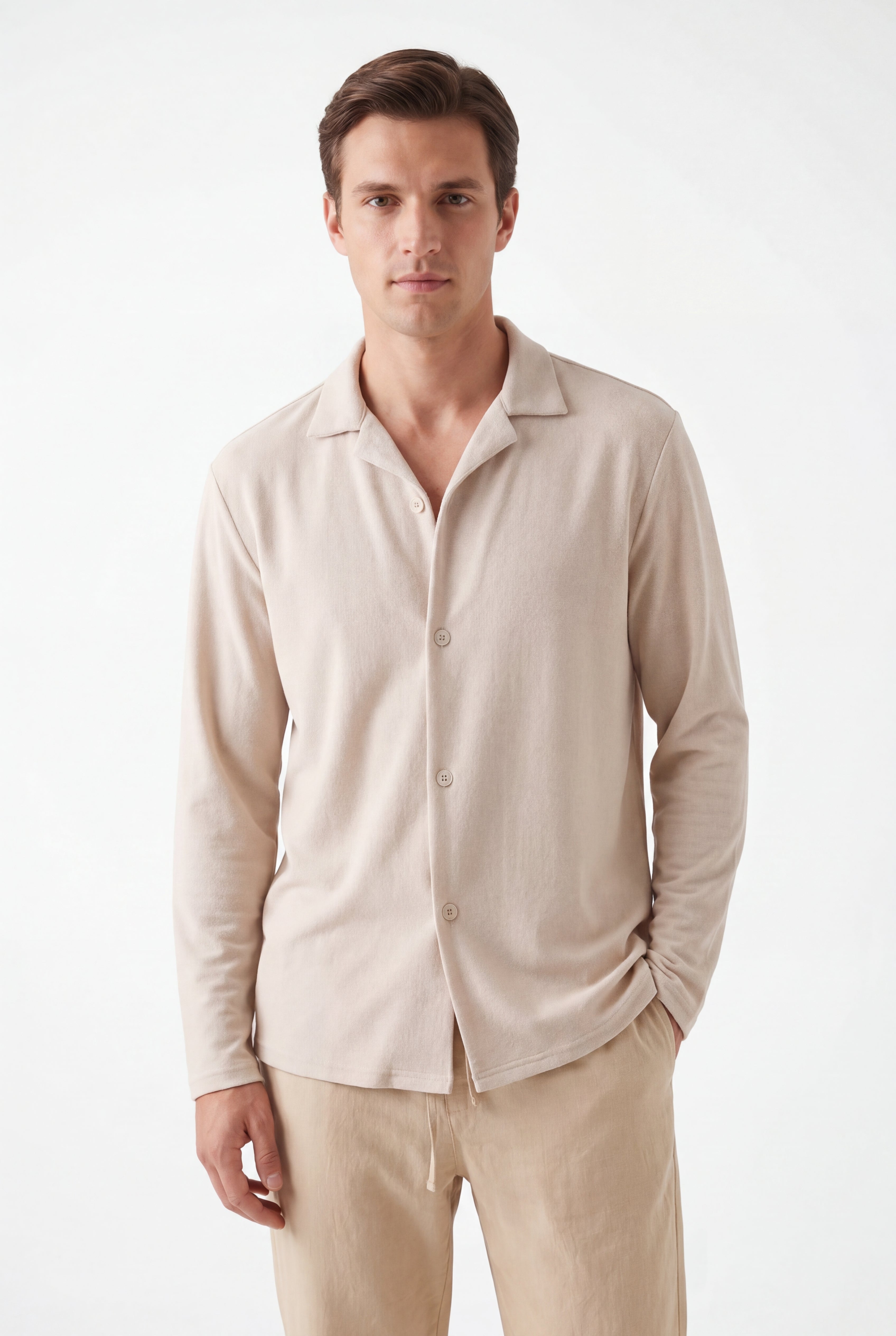 Towel Howell Long Sleeves-Beige × Linen Pants-Beige — Combo Look