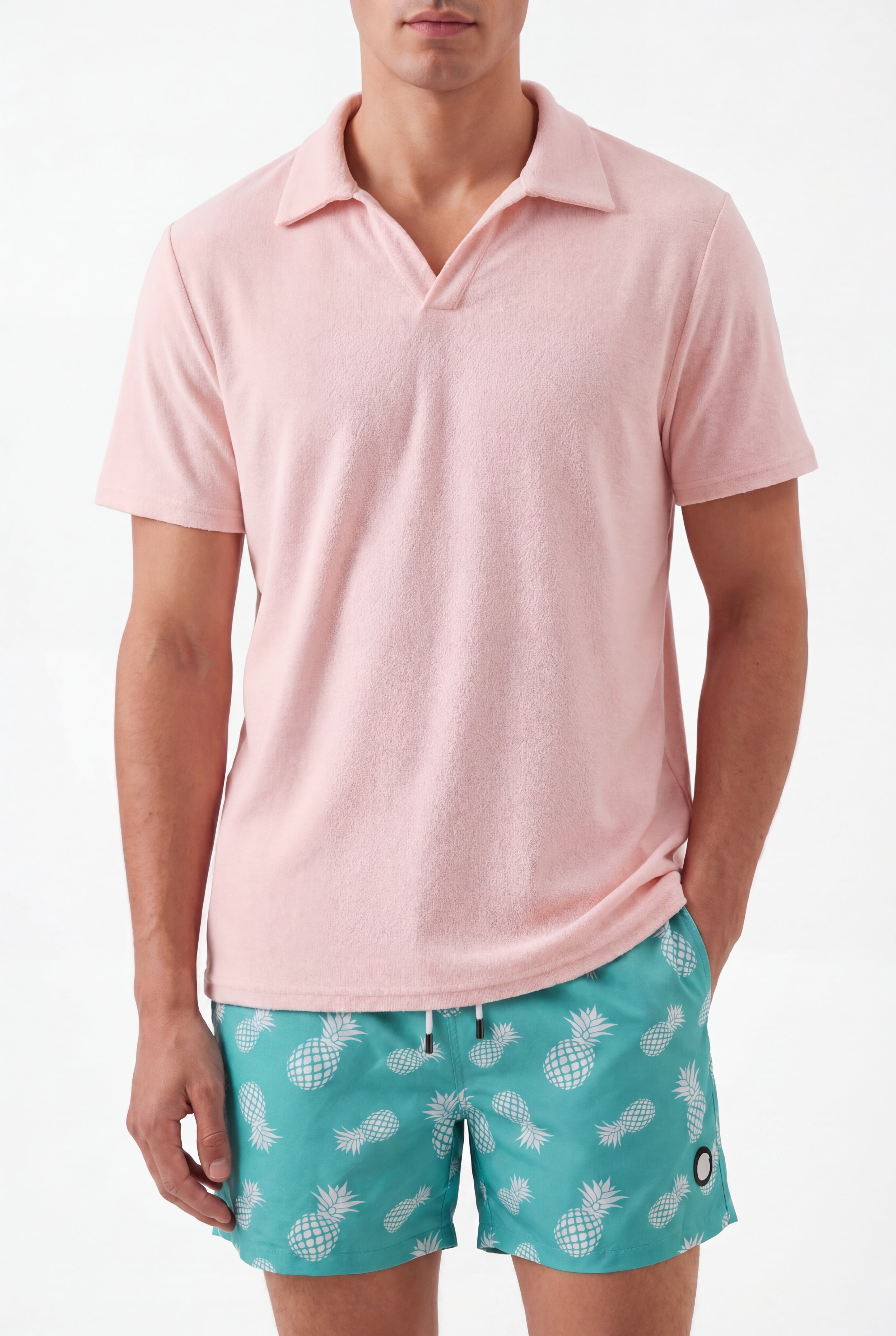 Swimming shorts-Pineapple-Teal-Mint-Green × Towel Polo-Pink — Combo Look