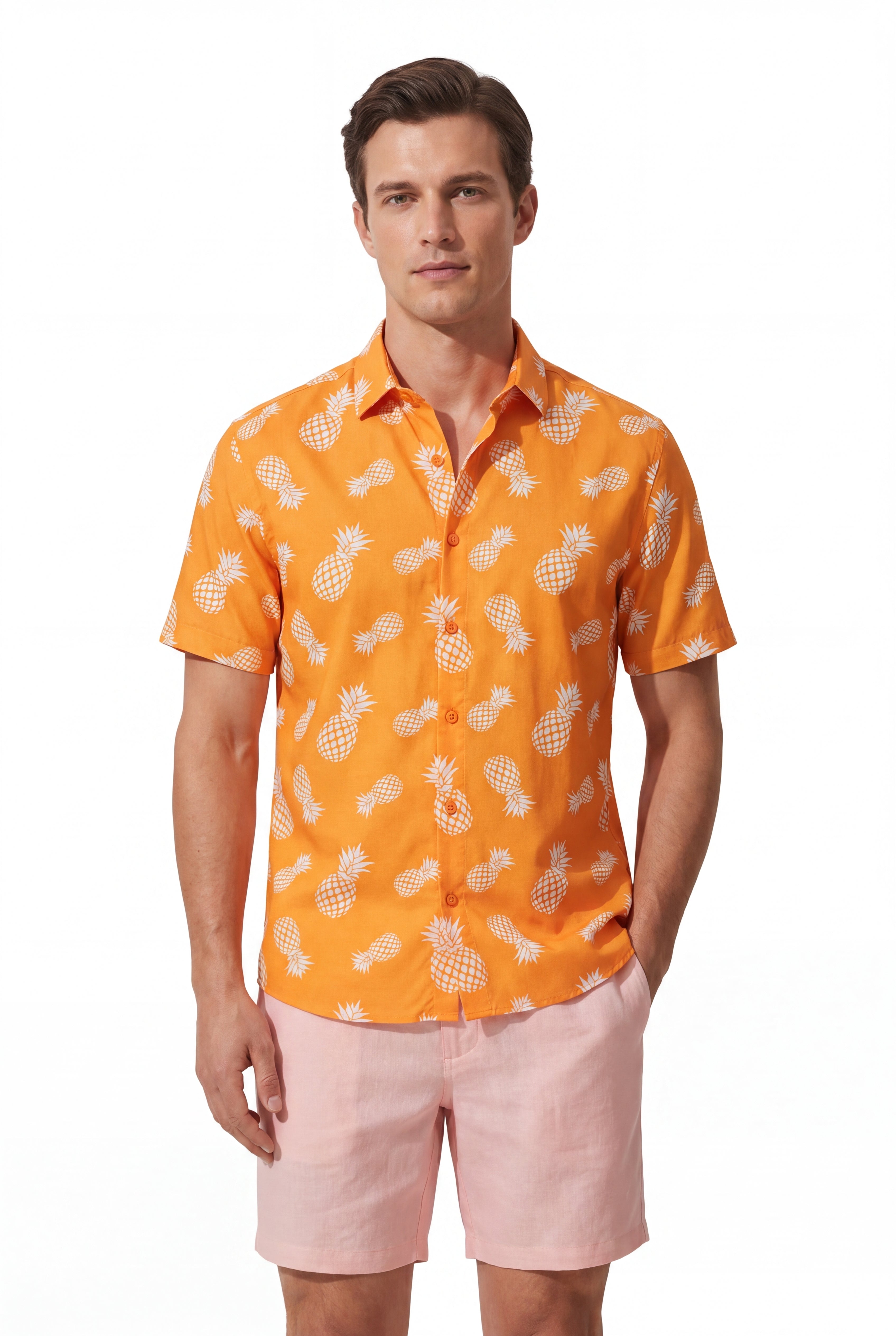 Swimming shorts-Pineapple-Teal-Orange × linen short sleeves -Pink — Combo Look