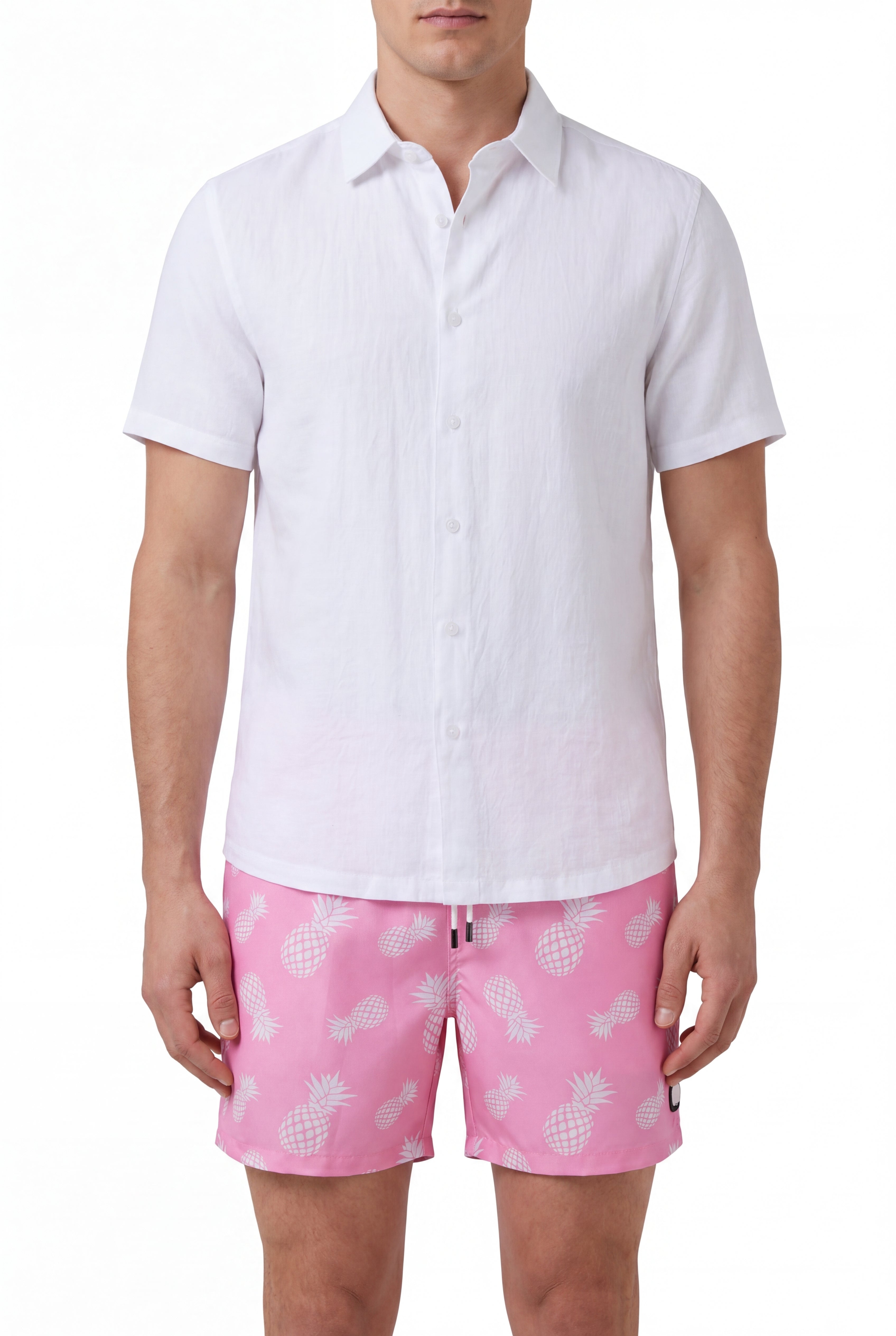 Swimming shorts-Pineapple-Teal-Pink × Linen Short Sleeves-White — Combo Look