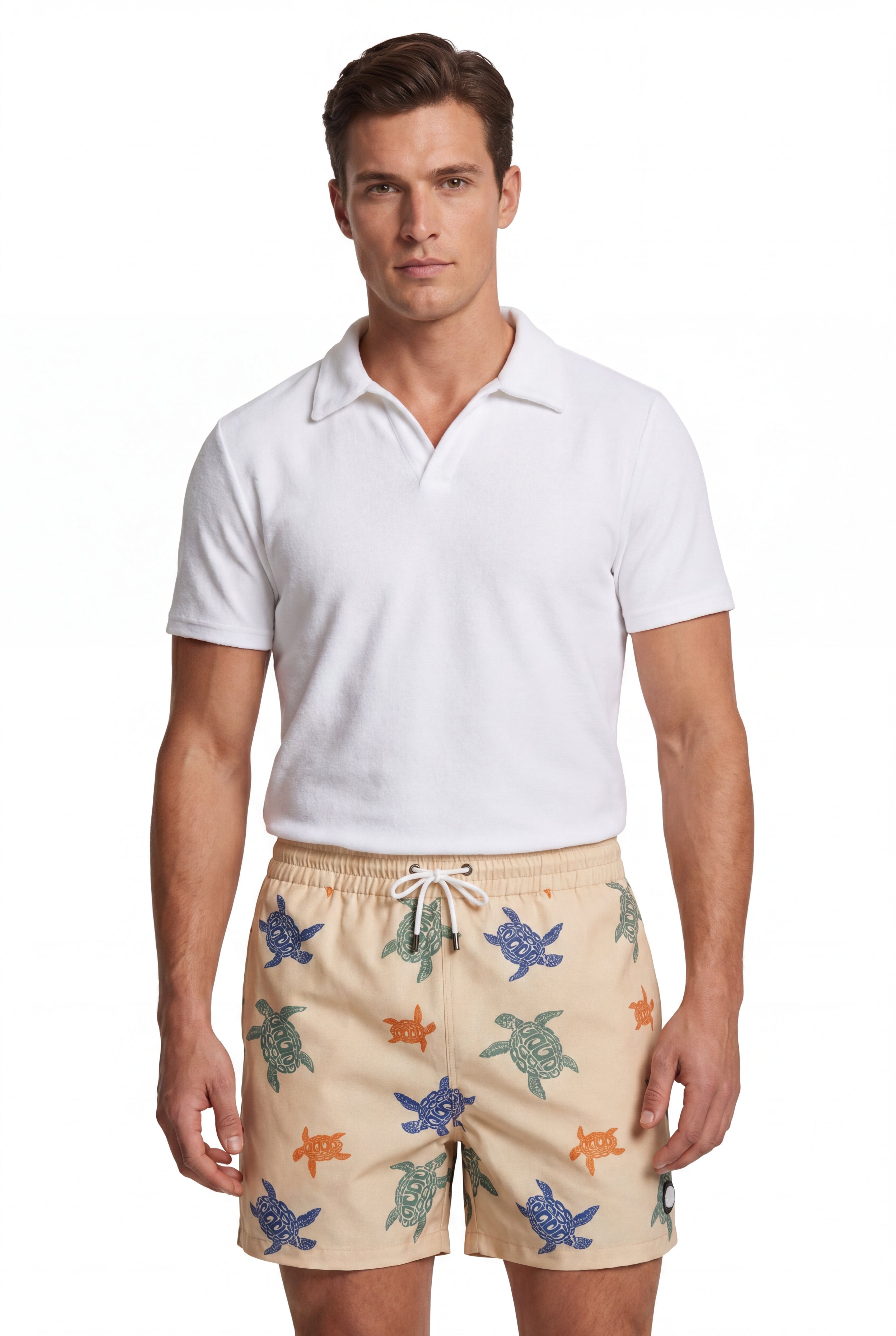 Swimming shorts-Sand-Turtle-Beige × Towel Polo-Pink — Combo Look