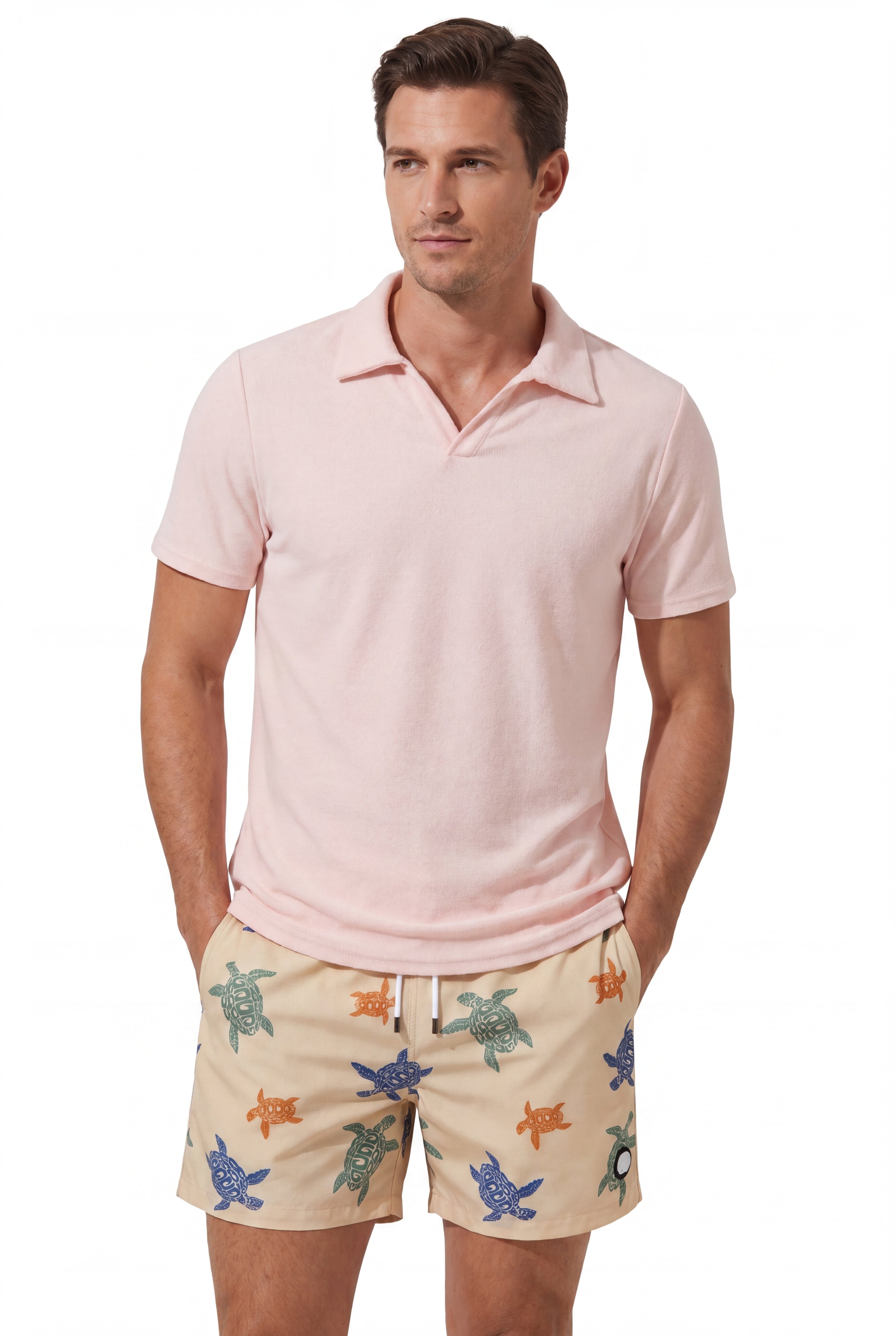 Swimming shorts-Sand-Turtle-Beige × Towel Polo-Pink — Combo Look