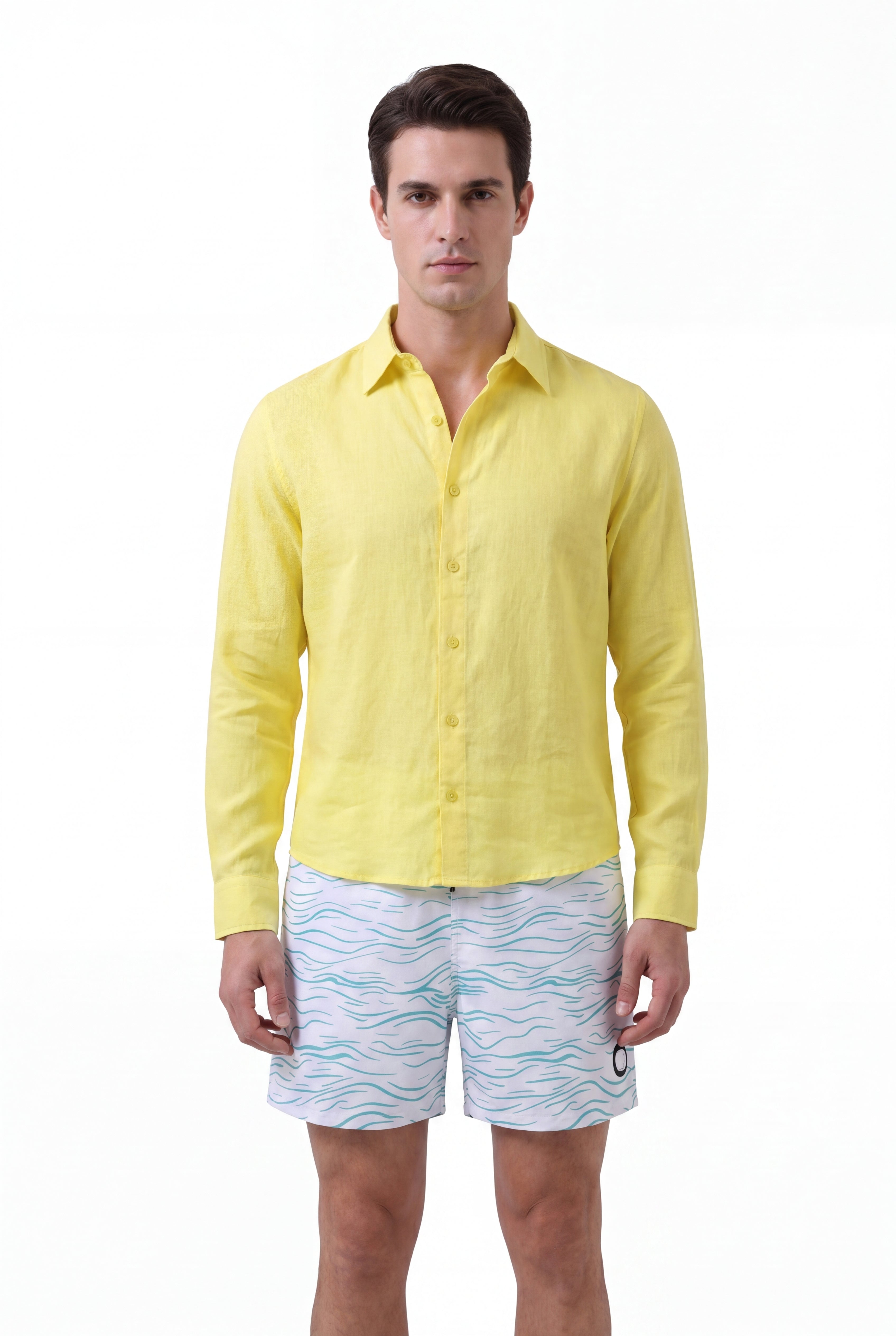 Swimming shorts-Waves-Green × Linen Long Sleeves-Lemon-Yellow — Combo Look