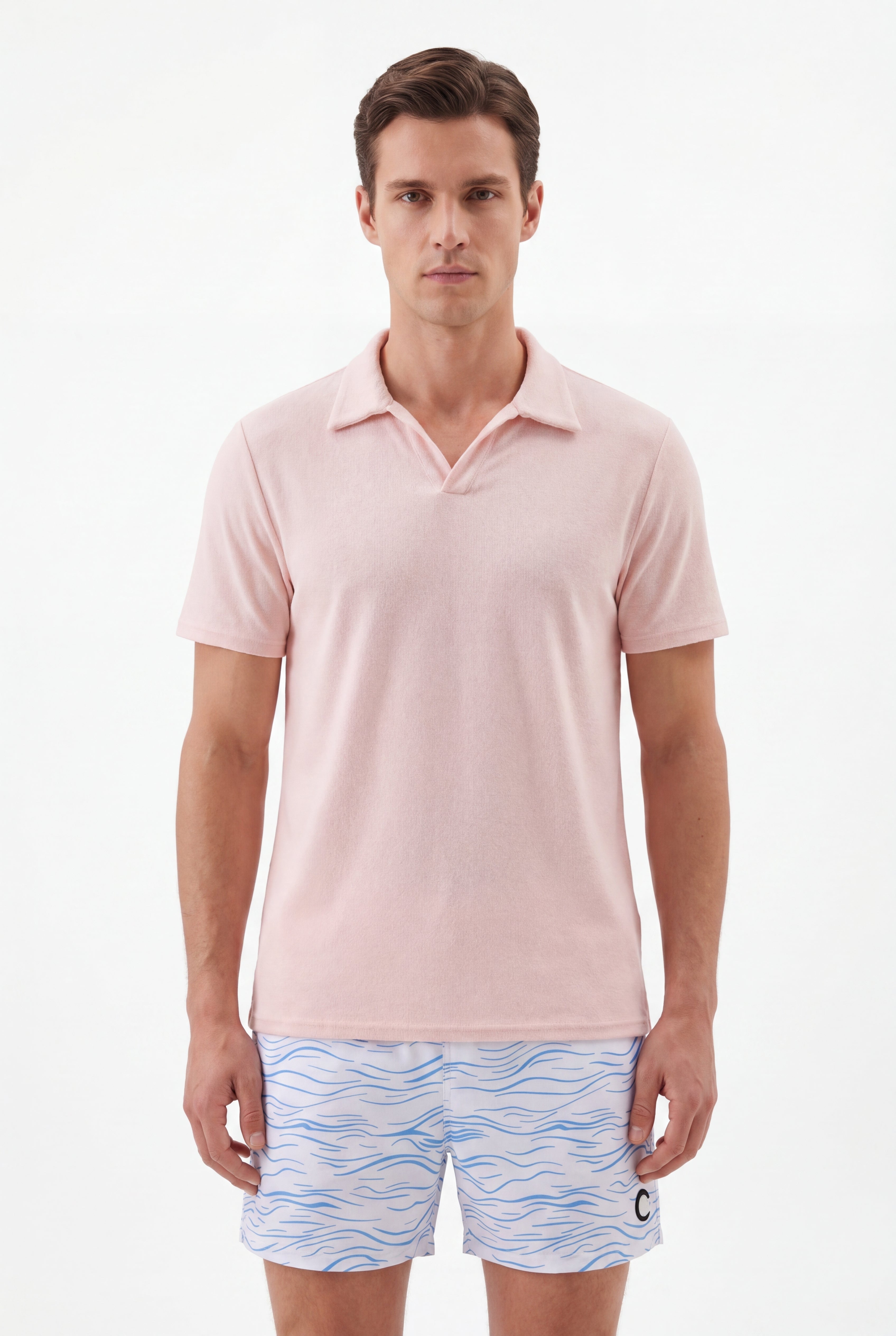 Swimming shorts-Waves-Babyblue × Towel Polo-Pink — Combo Look