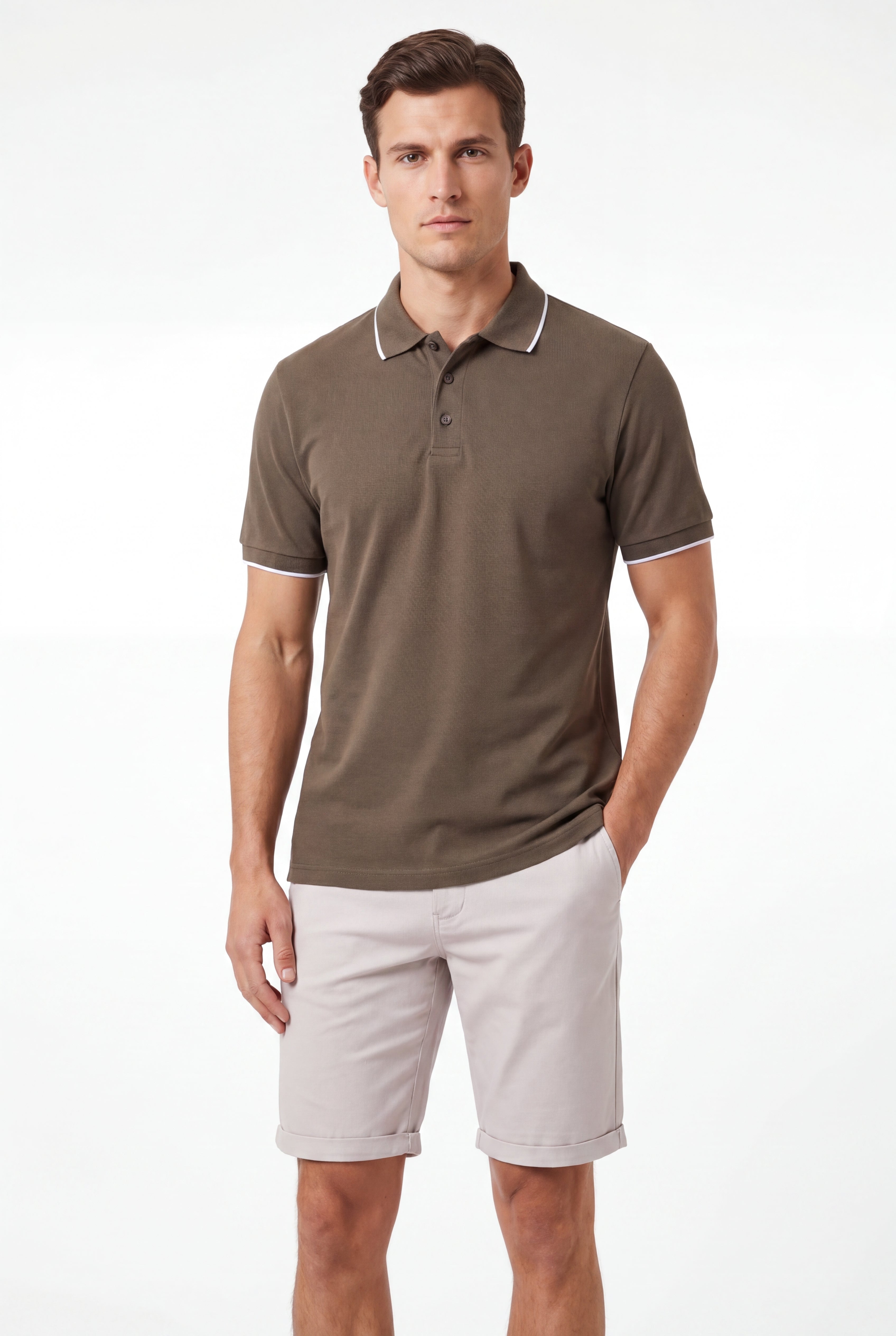 Polo T-shirt-Olive × Chino Short-Light-Grey — Combo Look