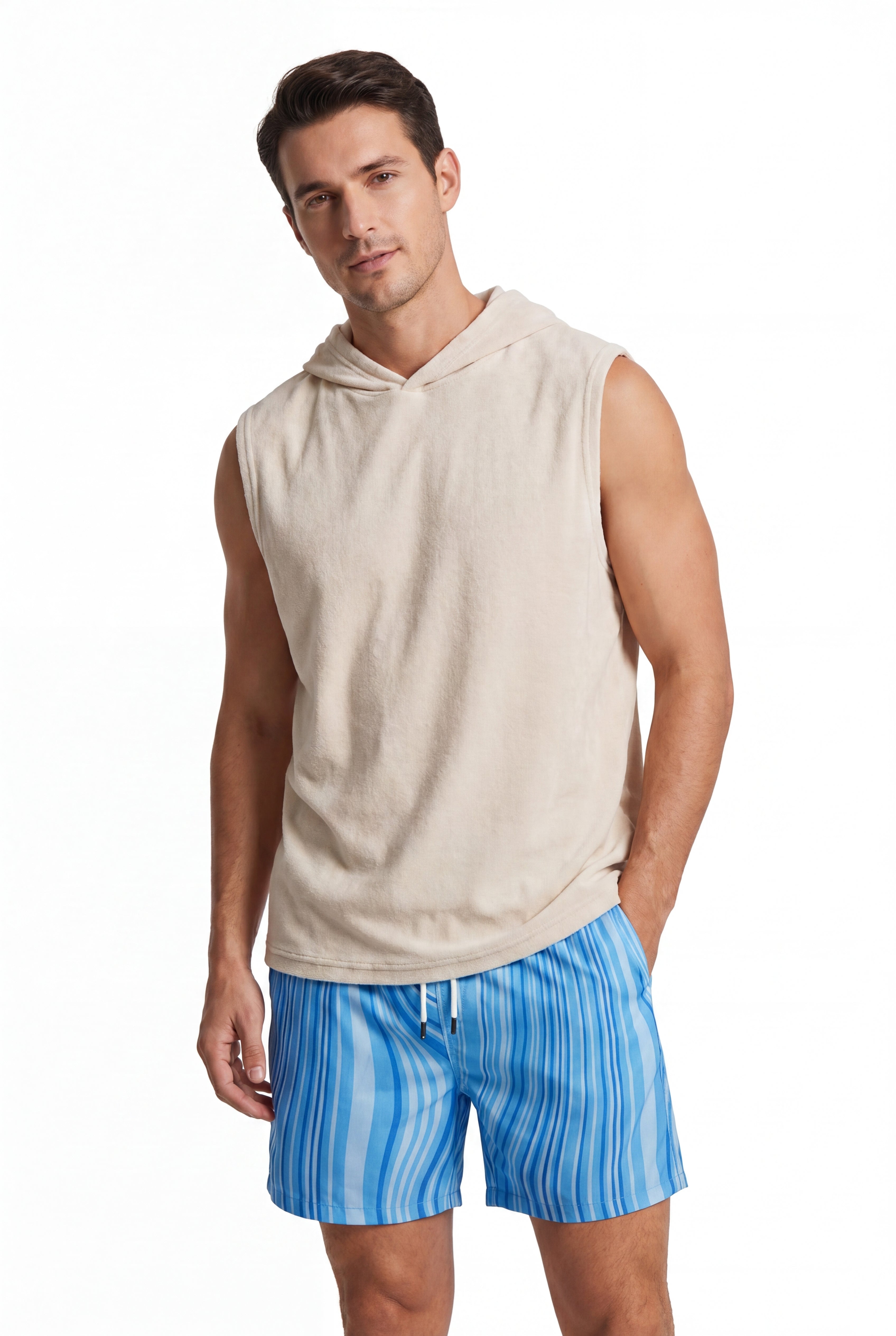 Swimming shorts-Ocean-Flow-Babyblue × Towel Hoodie-Beige — Combo Look
