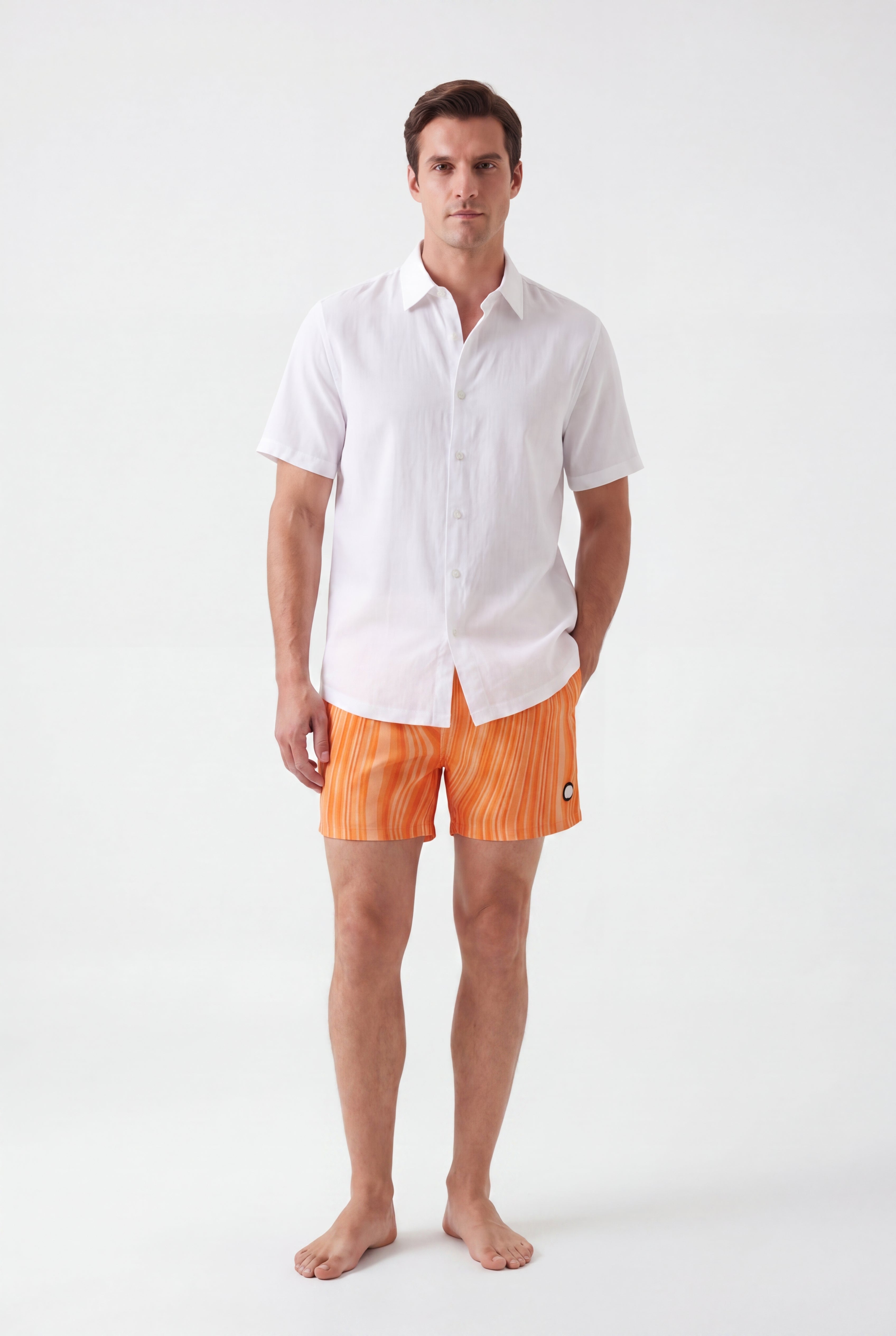 Swimming shorts-Ocean-Flow-Orange × Linen Short Sleeves-White — Combo Look