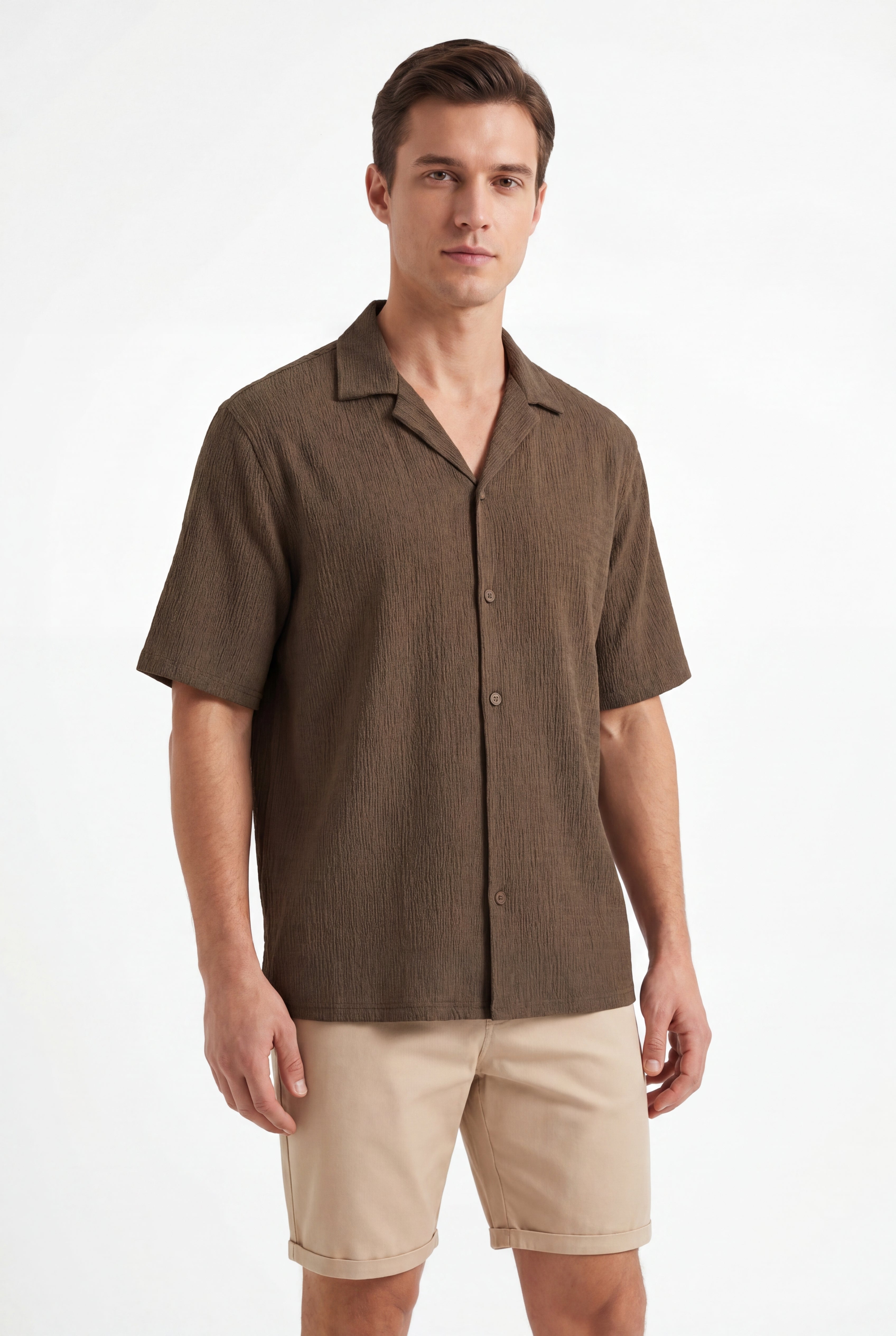 Textured T-shirt-Olive × Chino Short-Beige — Combo Look