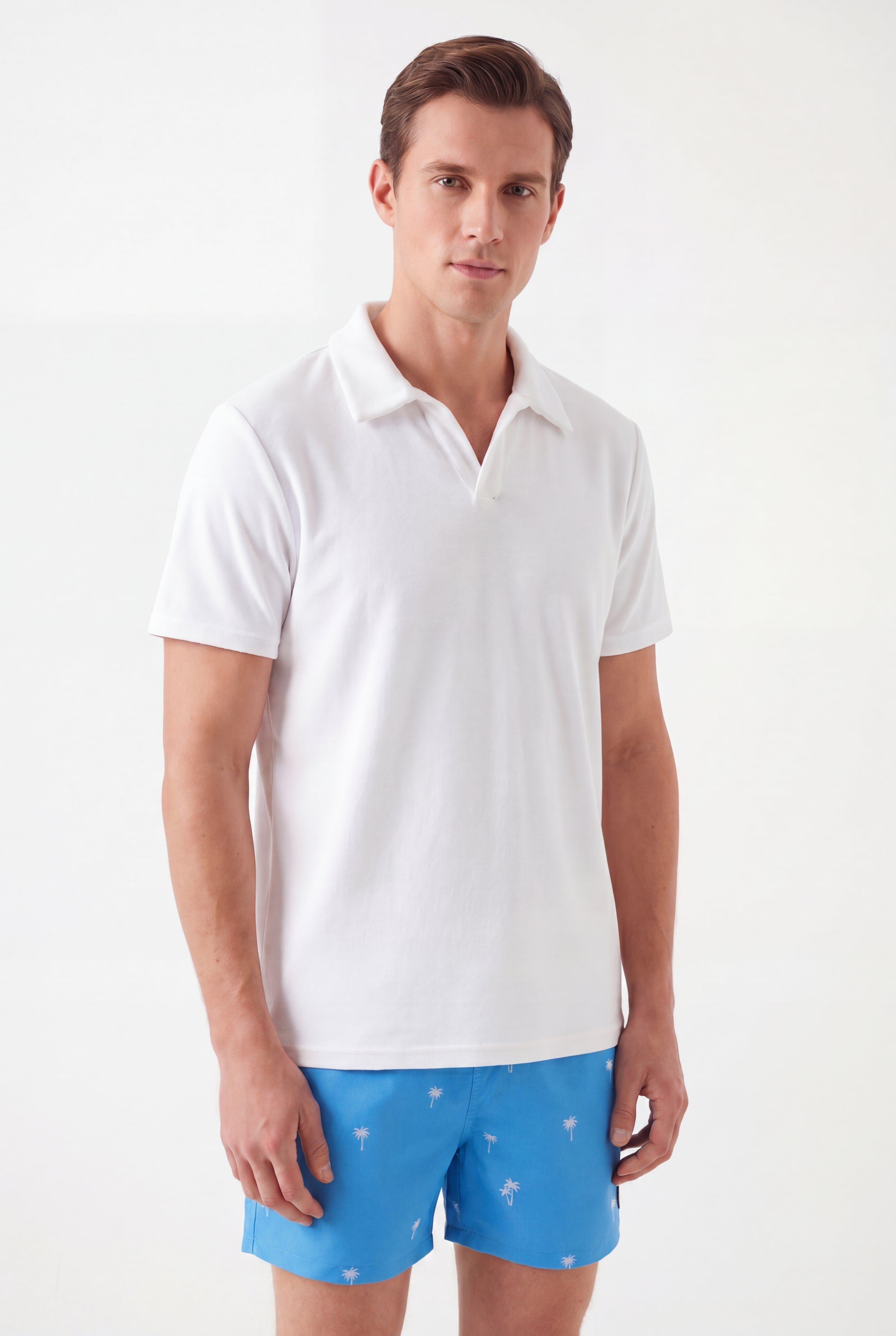 Swimming shorts-Palms-Baby-Blue × Towel Polo-White — Combo Look