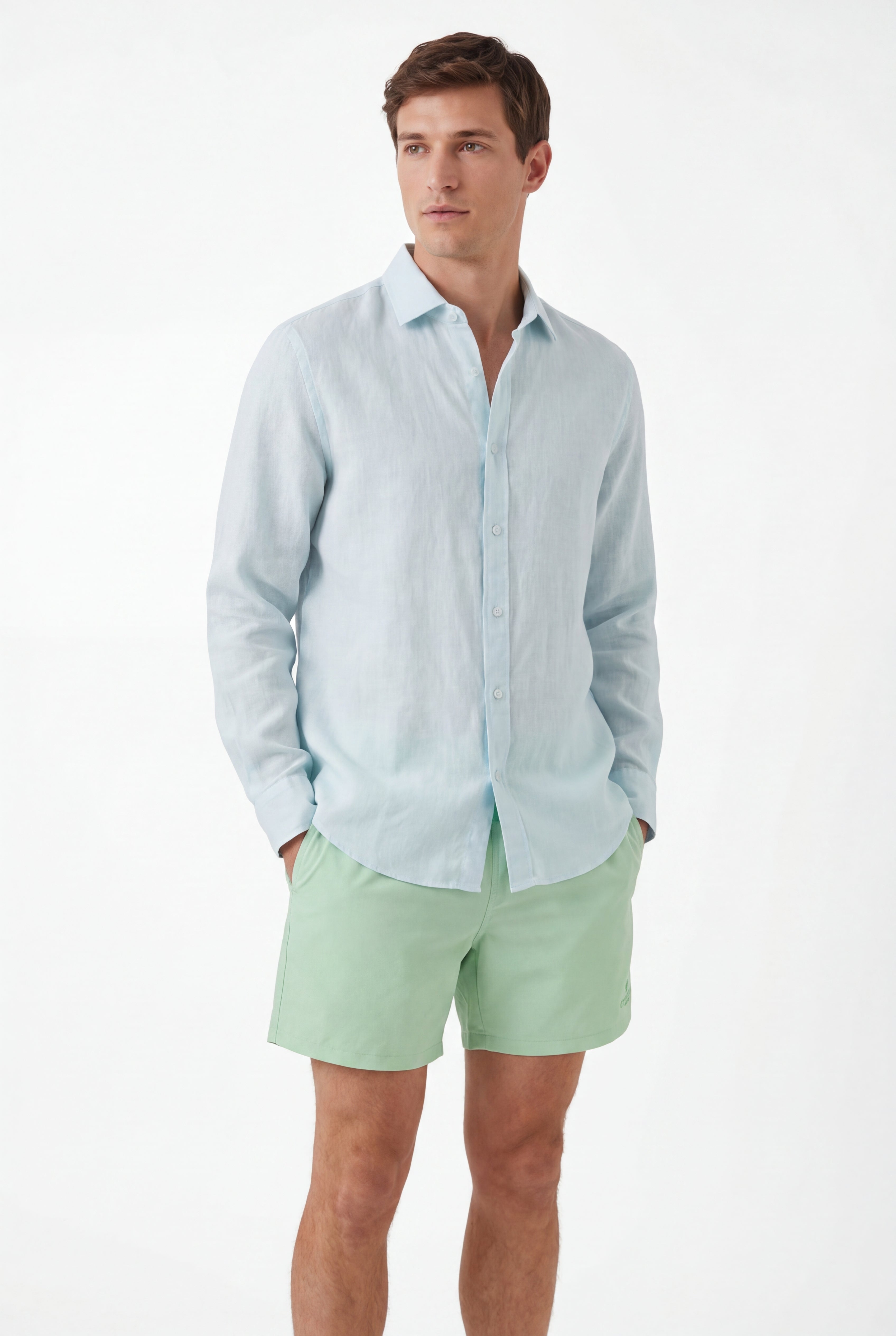 premium swimming shorts-Mint-Green × Linen Long Sleeves-Baby-Blue — Combo Look