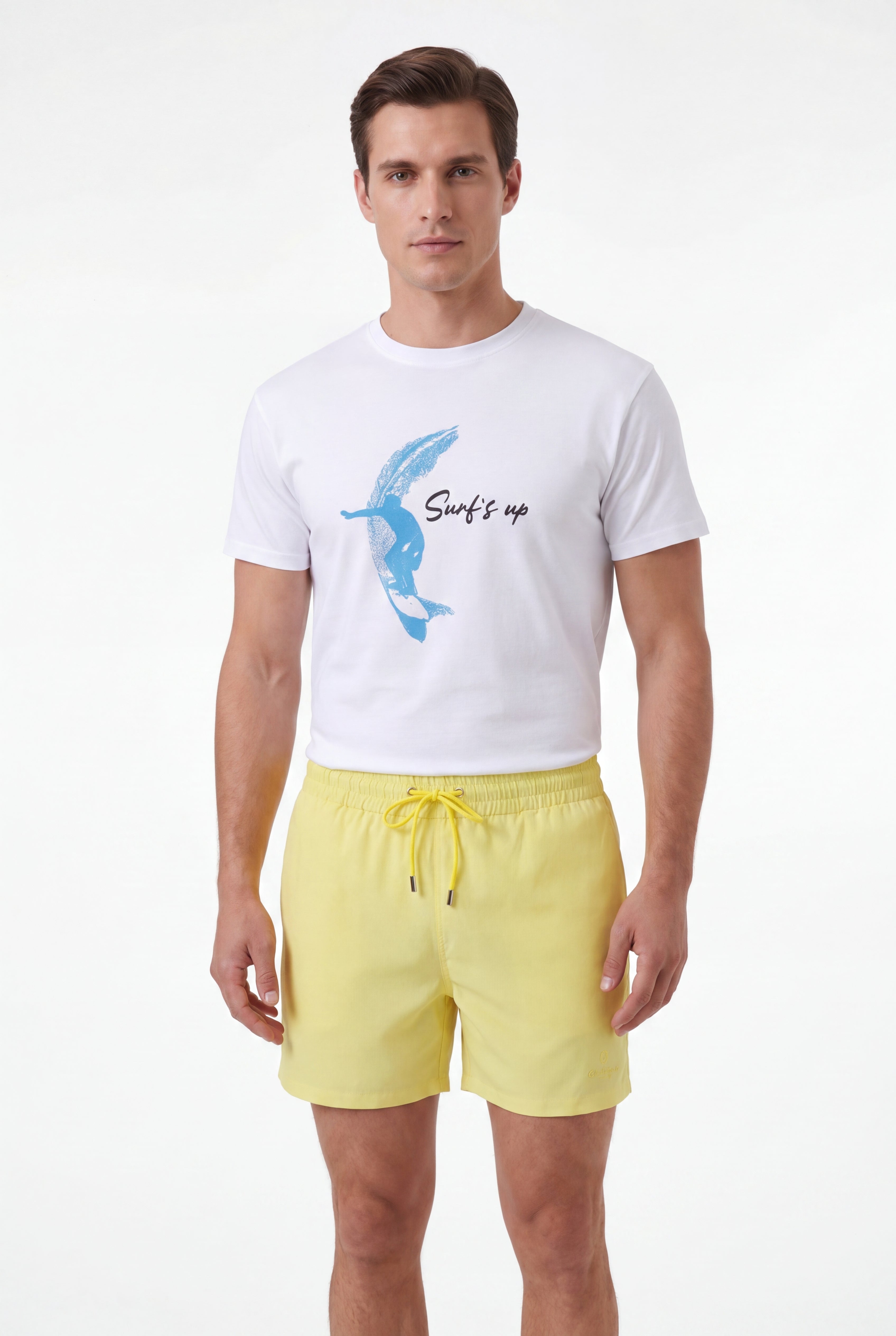 premium swimming shorts-Marigold × Linen Long Sleeves-Baby-Blue — Combo Look