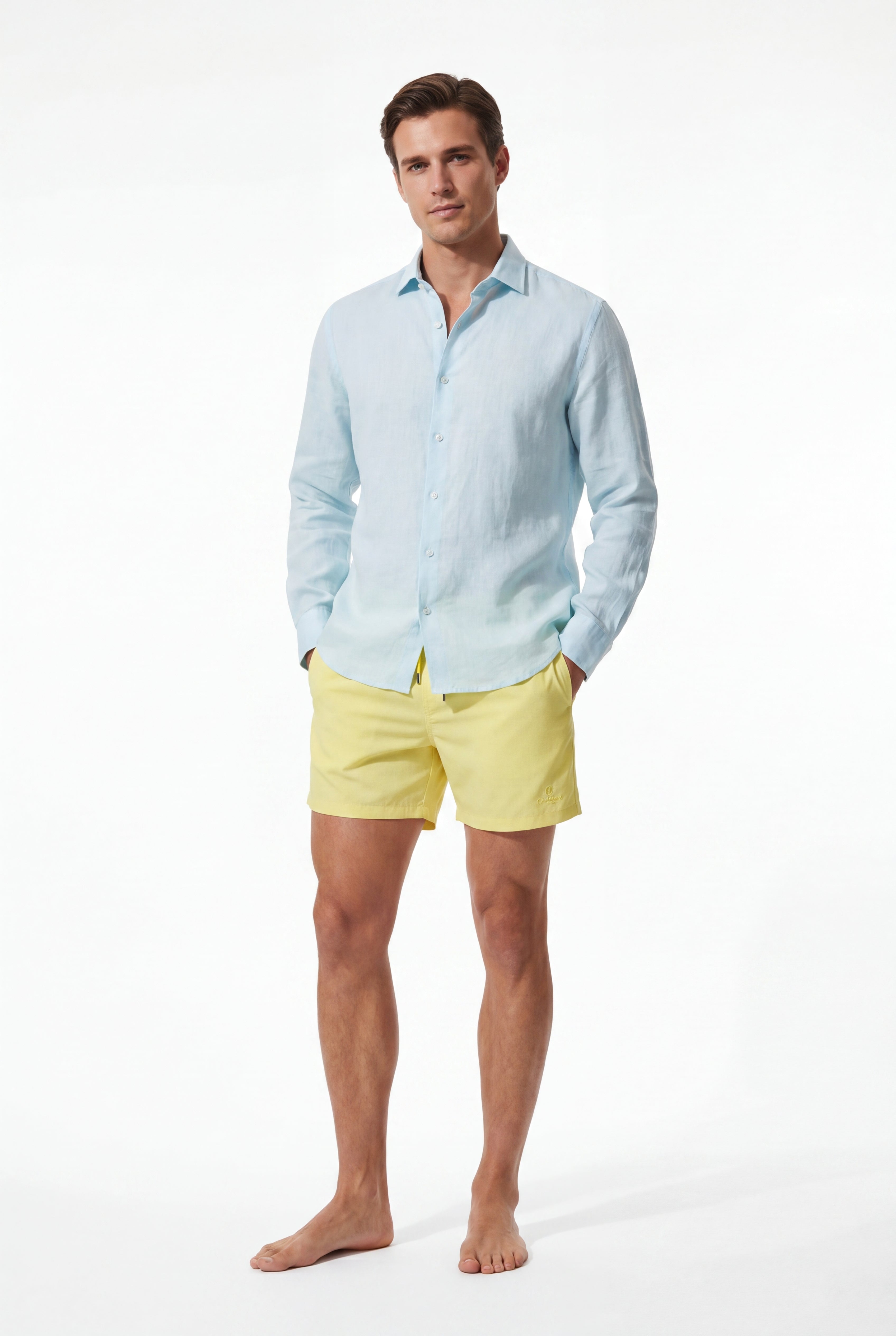 premium swimming shorts-Marigold × Linen Long Sleeves-Baby-Blue — Combo Look