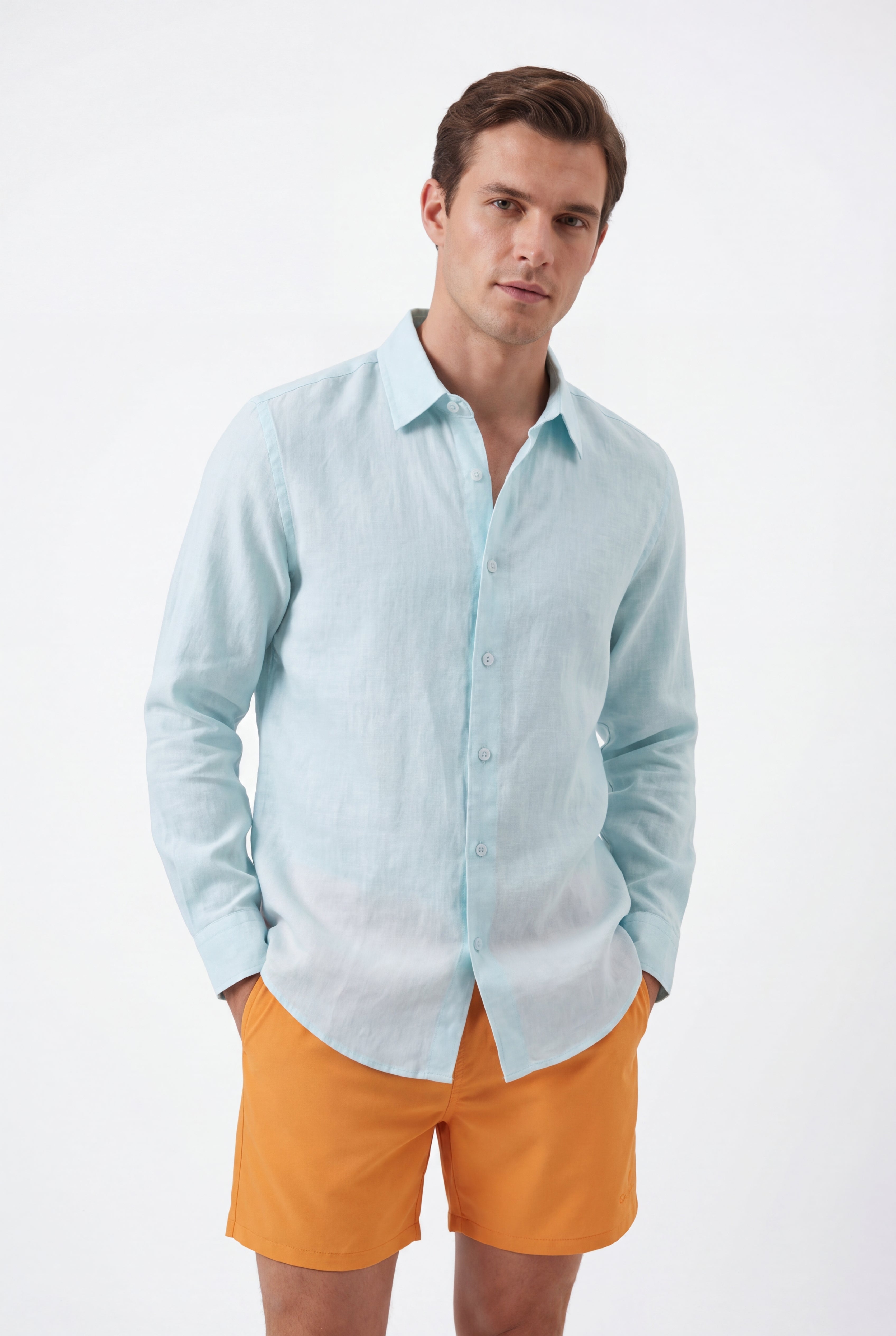 premium swimming shorts-Tuscan-Sun × Linen Long Sleeves-Baby-Blue — Combo Look