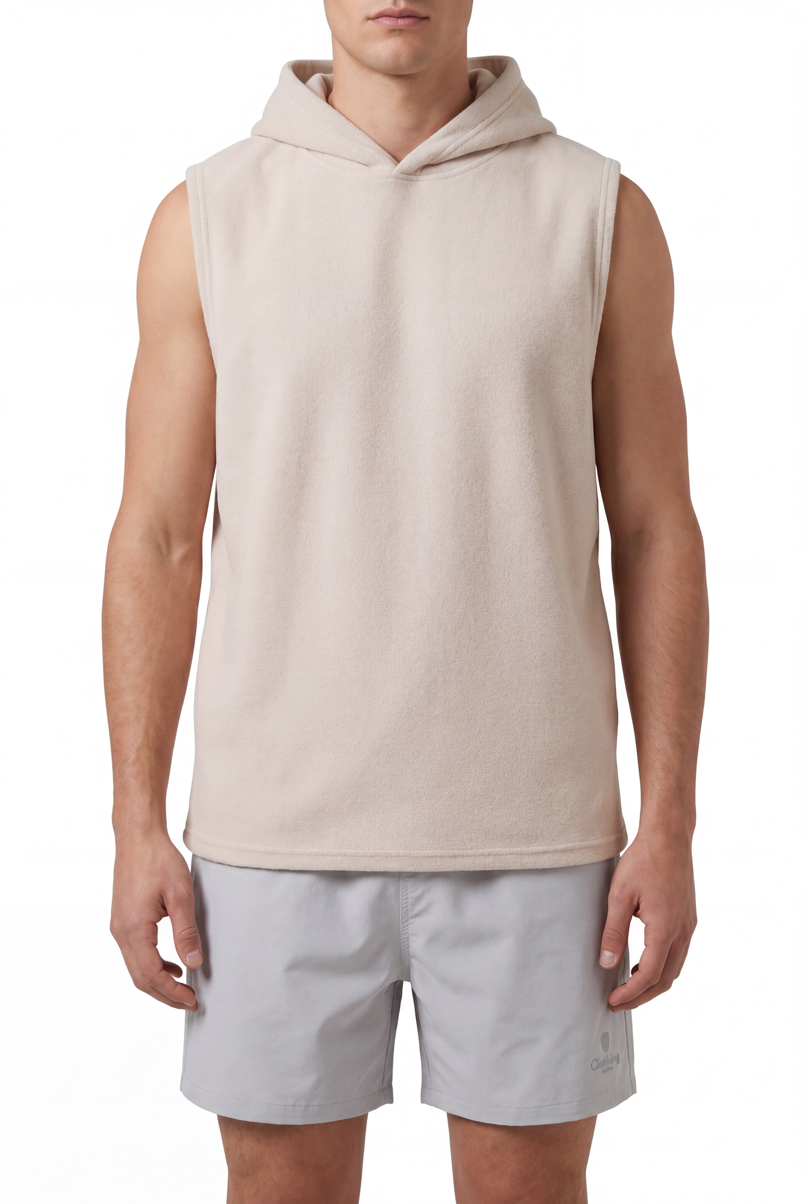 premium swimming shorts-Mist-Gray × Towel Hoodie-Beige — Combo Look