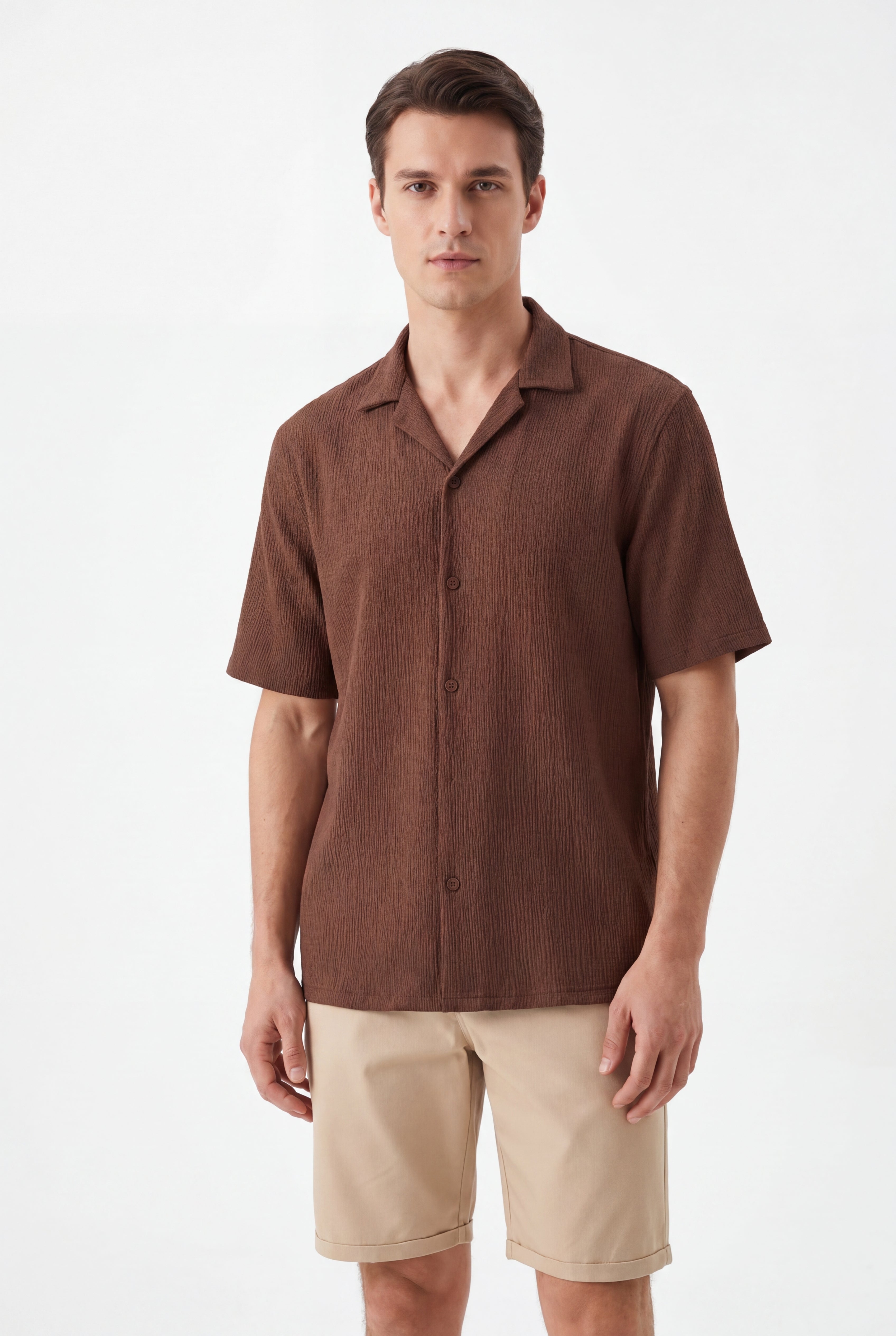Textured T-shirt-Brown × Chino Short-Beige — Combo Look