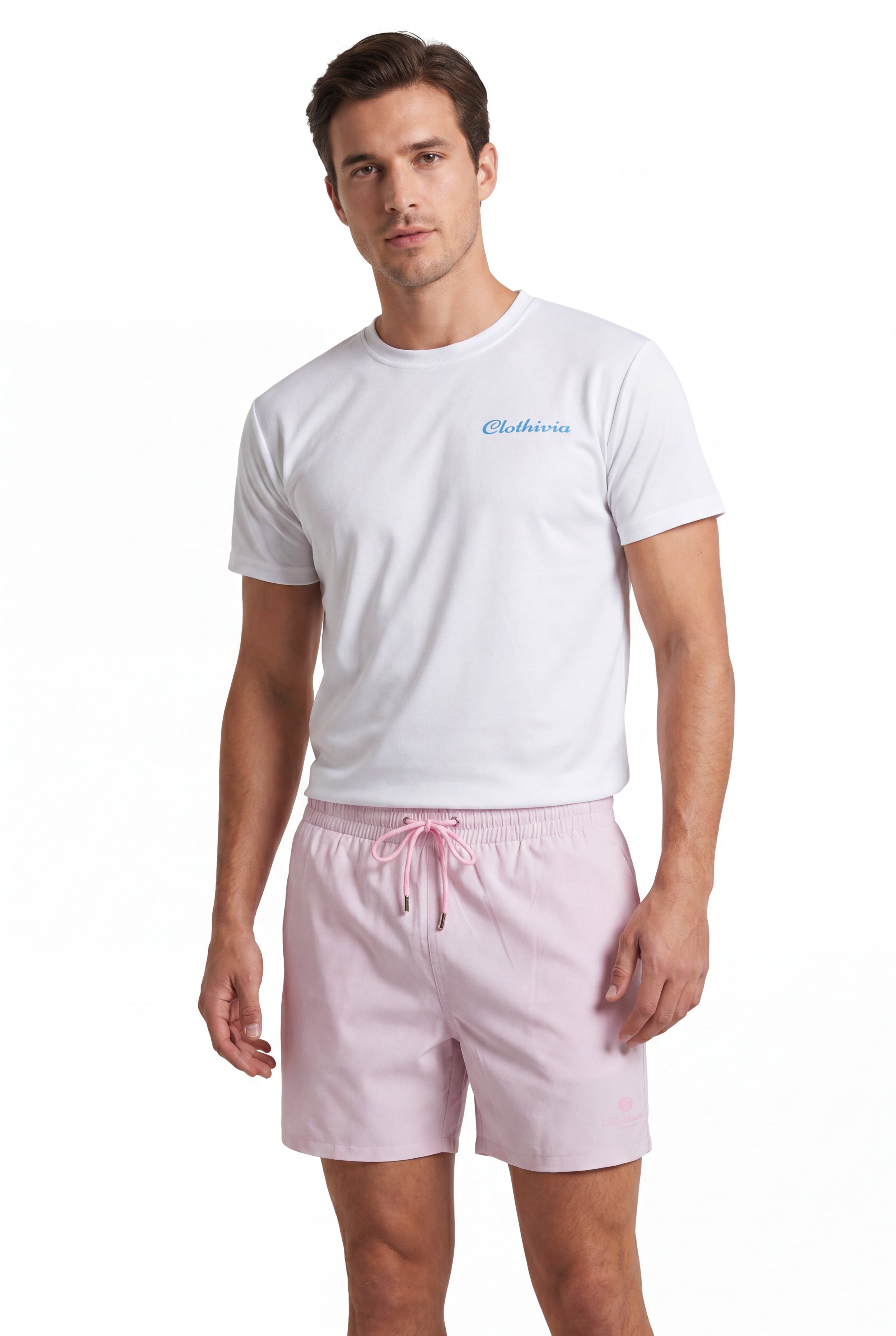 premium swimming shorts-Baby-Pink × Linen Long Sleeves-Baby-Blue — Combo Look