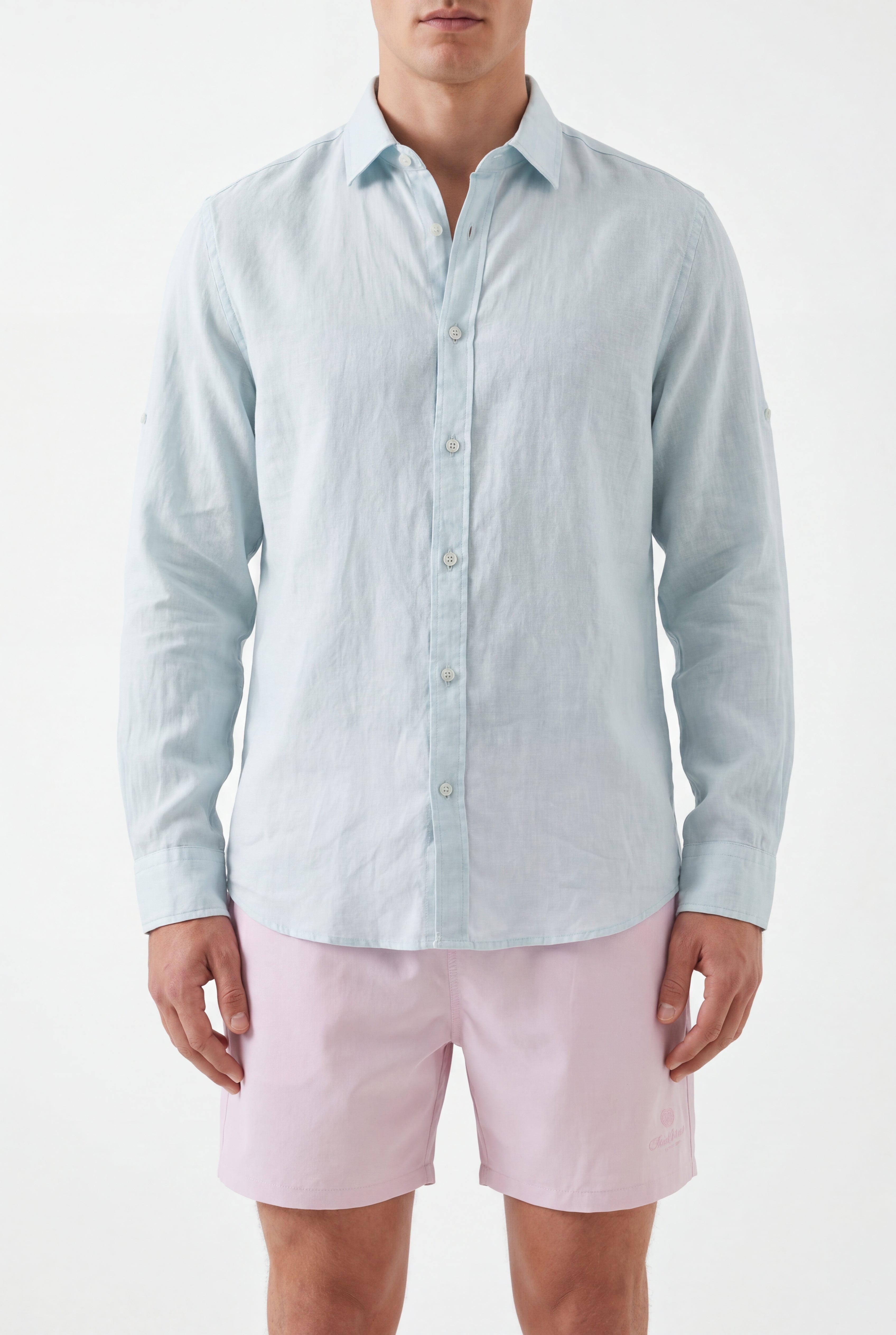 premium swimming shorts-Baby-Pink × Linen Long Sleeves-Baby-Blue — Combo Look