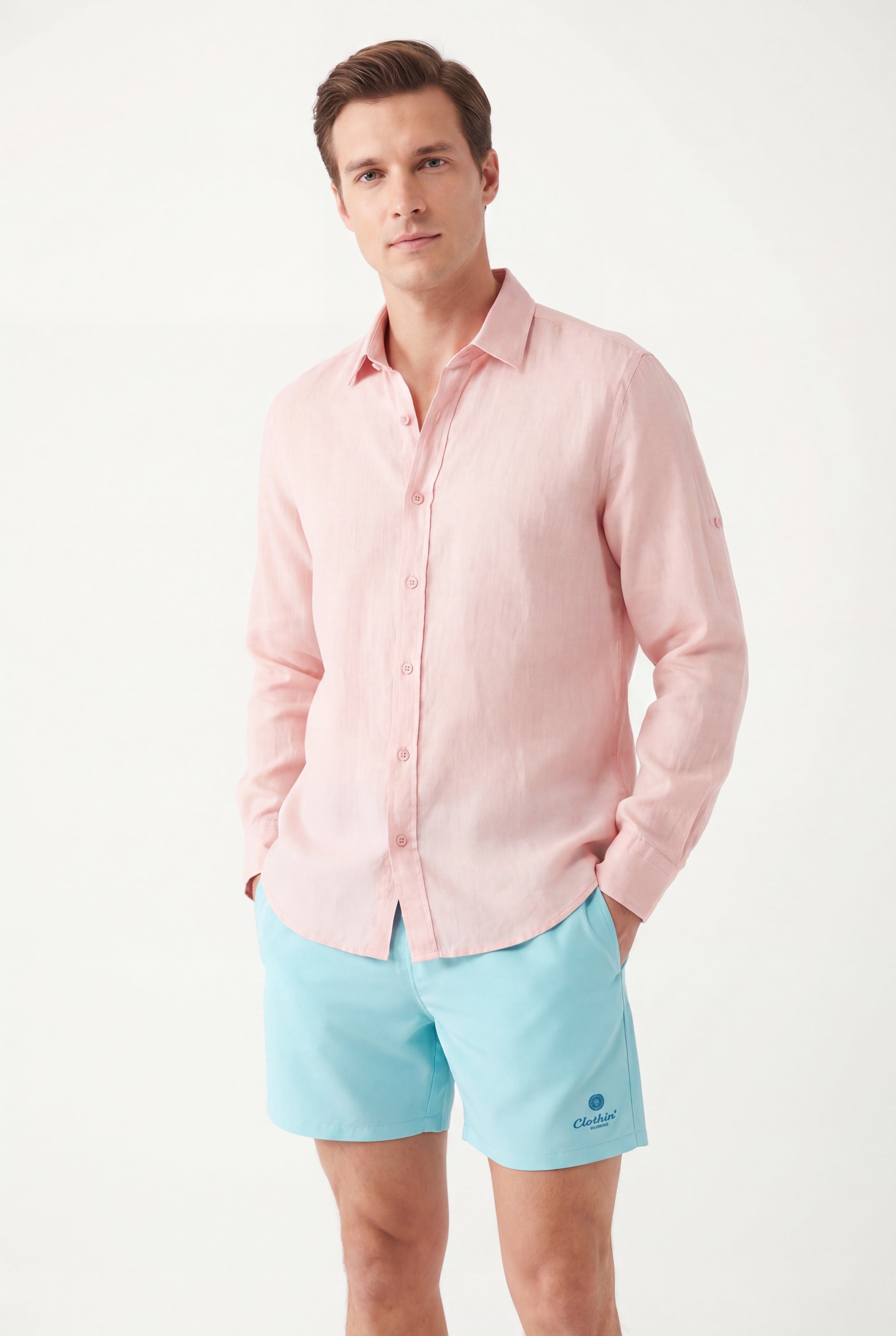 premium swimming shorts-Tiffany × Linen Long Sleeves-Pink — Combo Look