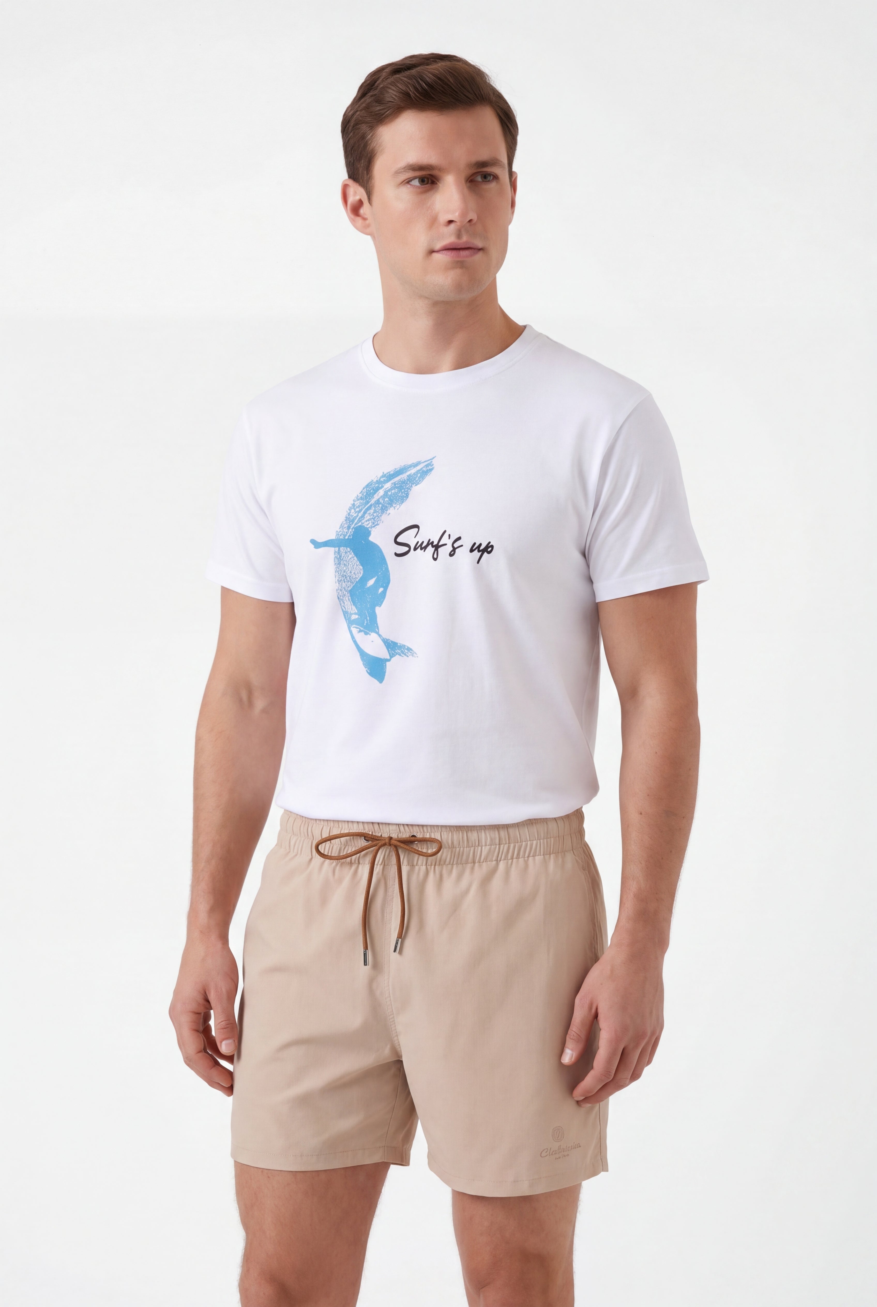 premium swimming shorts-Biege × Towel Polo-Pink — Combo Look