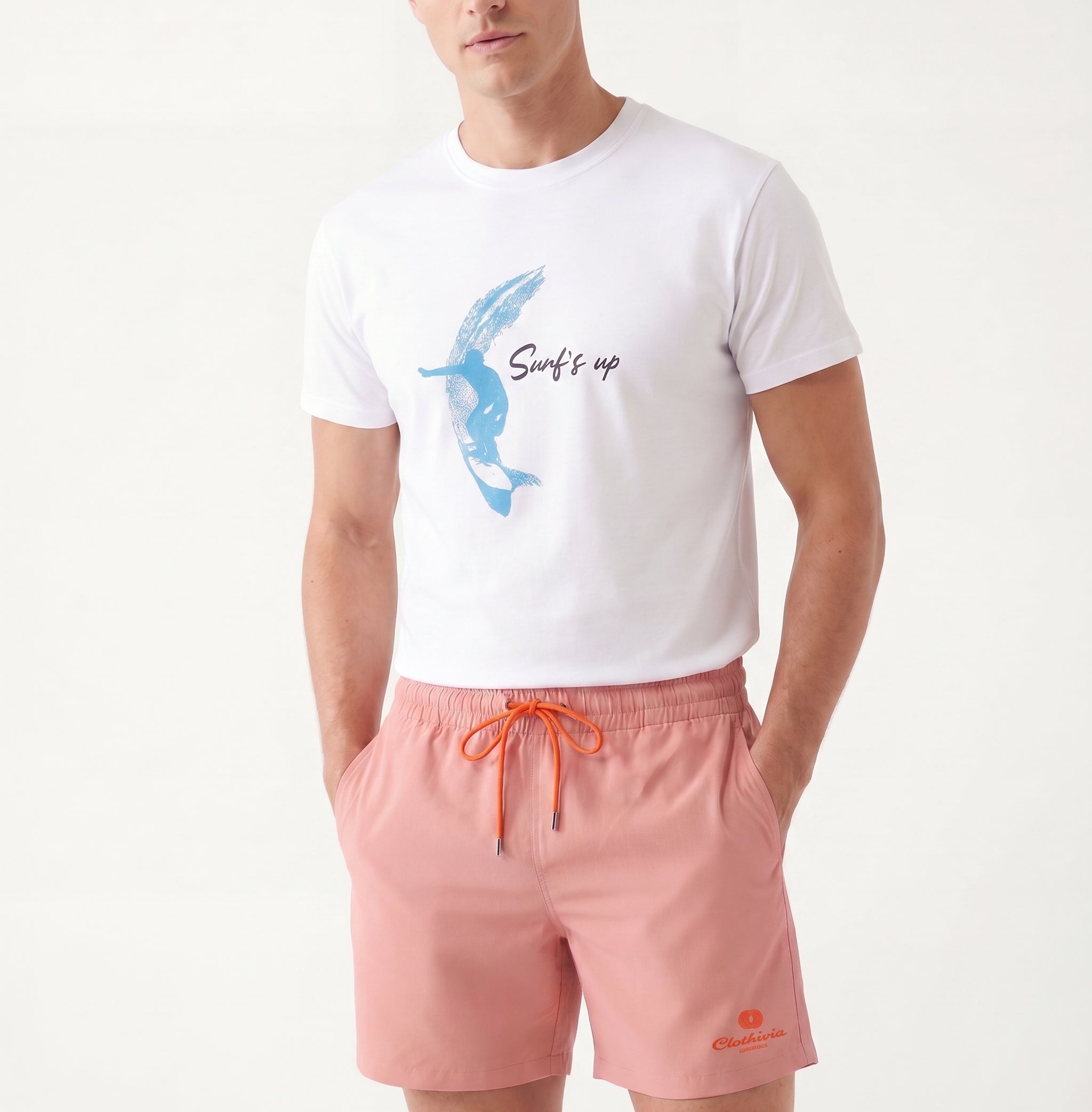 premium swimming shorts-Coral × Linen Long Sleeves-Pink — Combo Look