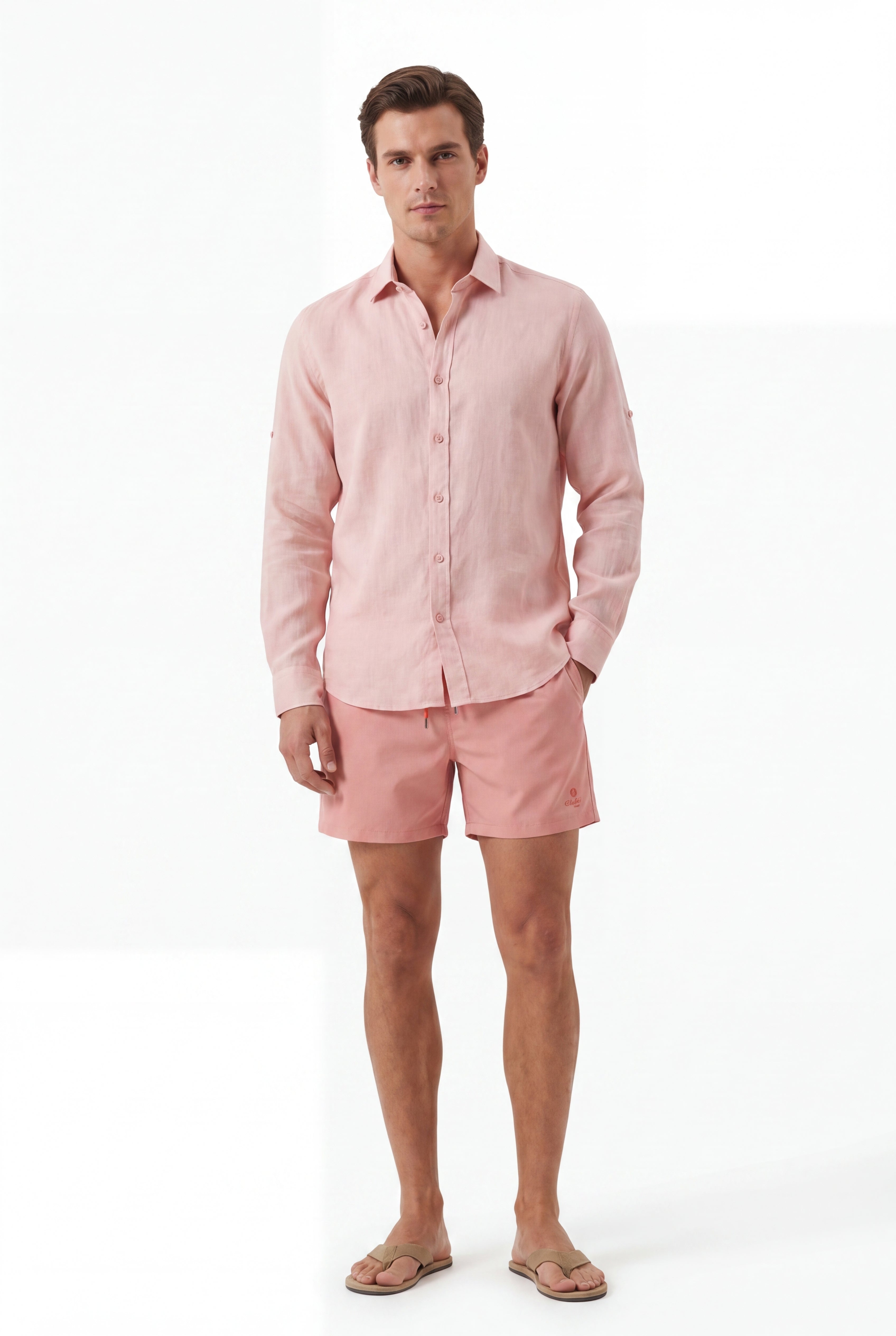 premium swimming shorts-Coral × Linen Long Sleeves-Pink — Combo Look